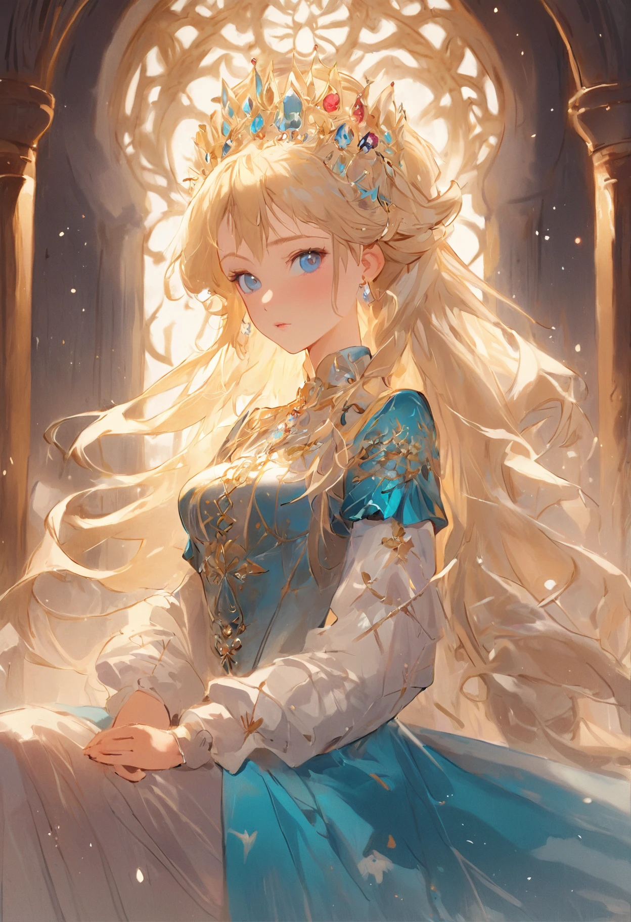 A woman sits in a huge makeup case,hold a flower, princess portrait, Guviz-style artwork, blond-haired princess, portrait of princess, Guviz, kazakh empress, portrait of a princess, portrait of princess zelda, in the art style of bowater, Baroque fluffy skirt,Fantasy art style, beautiful fantasy maiden,Exquisite and perfect facial features,美丽细致的眼睛,long eyelasher,Delicate eyeliner,Blue eyes,Dark pupils,There are bright spots in the eyes,almond eyes,Beautiful lip details,8K high-definition,anatomy correct,Oil painting thick painting style