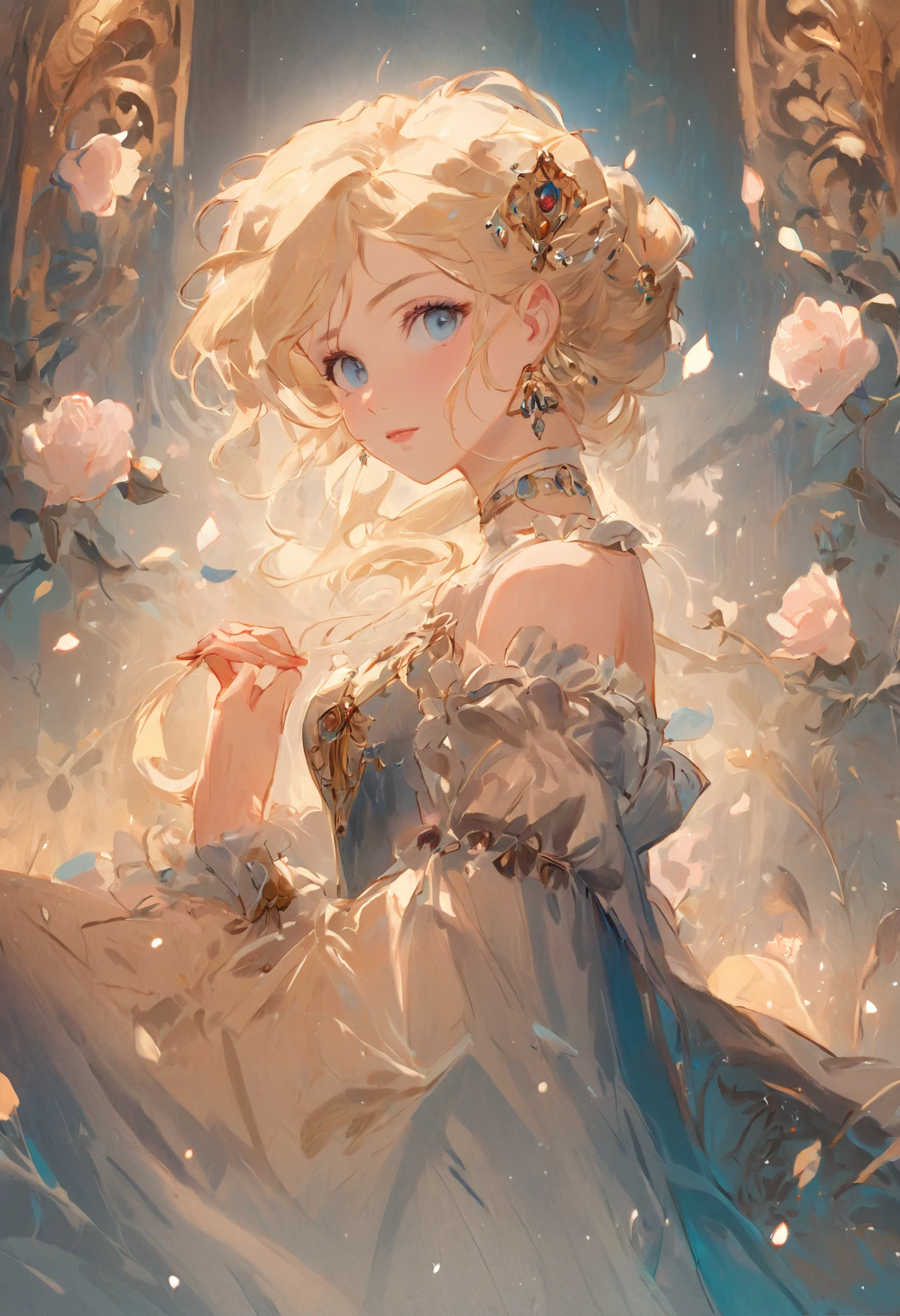 A woman sits in a huge makeup case,hold a flower, princess portrait, Guviz-style artwork, blond-haired princess, portrait of princess, Guviz, kazakh empress, portrait of a princess, portrait of princess zelda, in the art style of bowater, Baroque fluffy skirt,Fantasy art style, beautiful fantasy maiden,Exquisite and perfect facial features,美丽细致的眼睛,long eyelasher,Delicate eyeliner,Blue eyes,Dark pupils,There are bright spots in the eyes,almond eyes,Beautiful lip details,8K high-definition,anatomy correct,Oil painting thick painting style