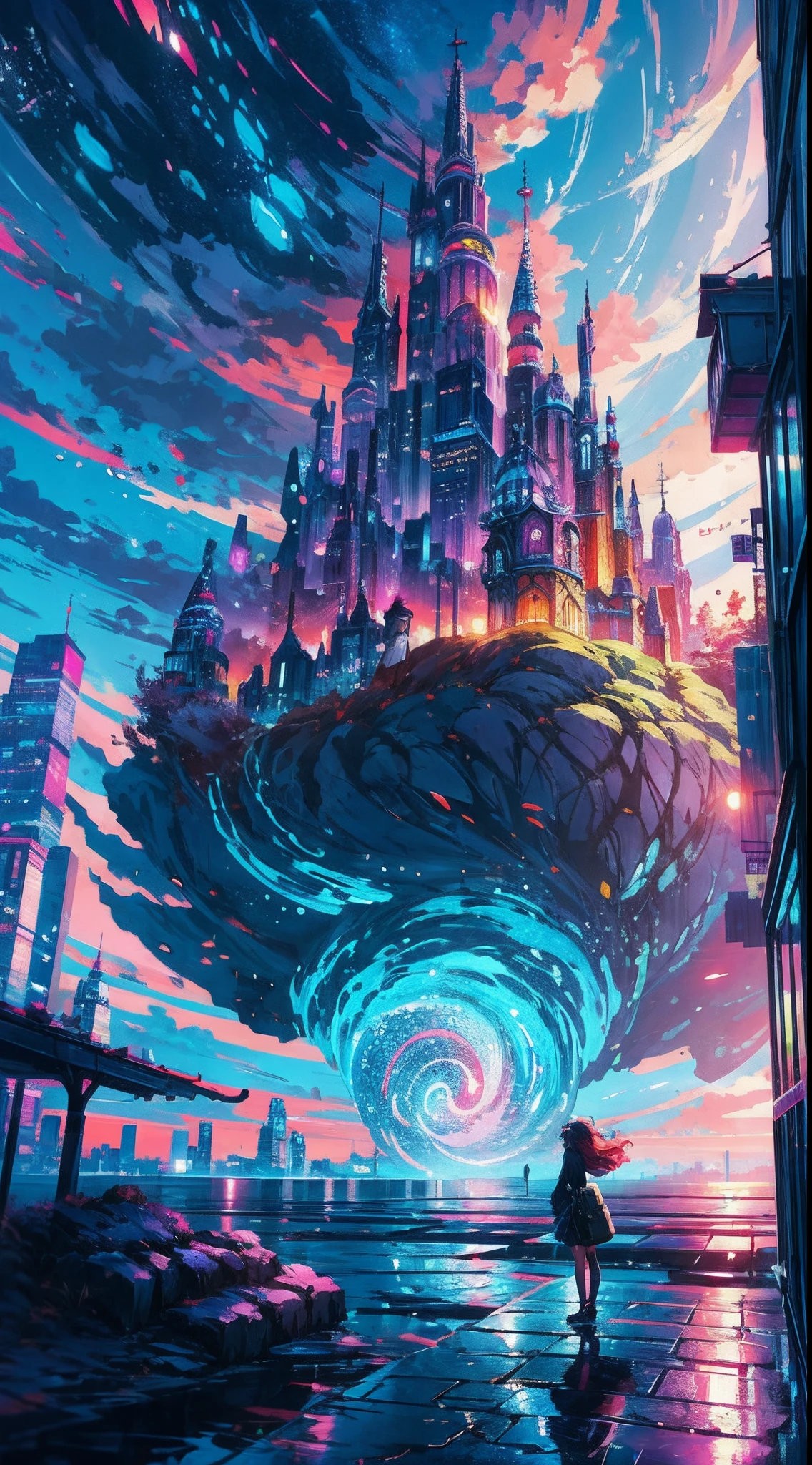 Anime girl standing in big city looking at rainbow sky,Near Future City、 makoto shinkai cyril rolando, anime art wallpaper 4k, anime art wallpaper 4k, Anime art wallpaper 8k, inspired by Cyril Rolando, in the style dan mumford artwork, amazing wallpapers, by Yuumei