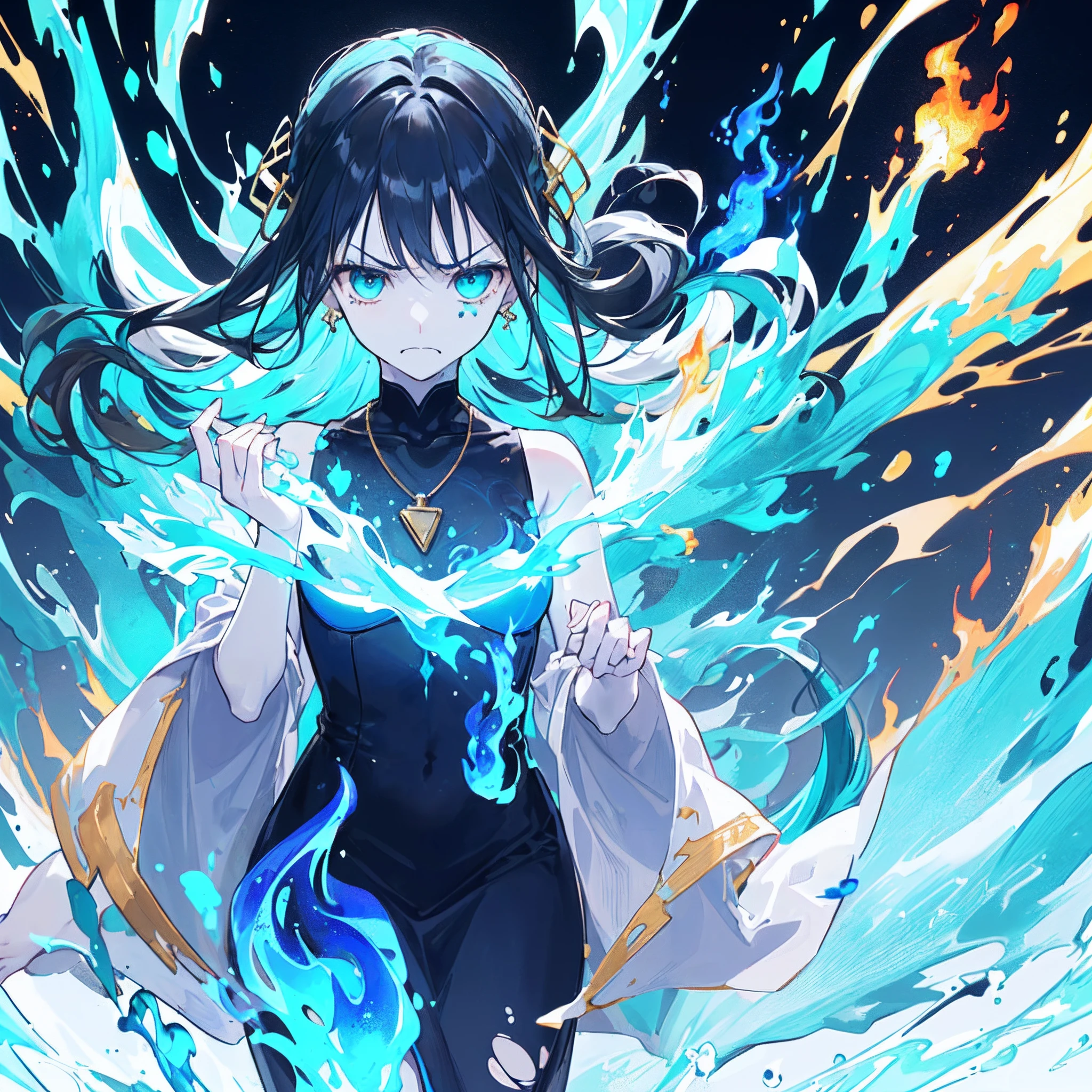 An Anime teen girl (alone), (((White and aqua long dress))), ((blue hand and feet accessories)), ((((long ish black hair with blue fire burning all over the hairt)))), ((gold hair accessories)), blue eyes, gold ear decorations, nose, (serious), pale skin, small thigh, (((small barefeet))), cute, (((gold decorations and necklace on body ))), ((((Hands holding and bending blue fire and energy)), ((((water near the girl)))), cinematic light, high resolution, highest quality, ultra detailed, detailed face, (detailed eyes), best quality, hyper detailed, masterpiece, ((((lots of blue energy and blue fire around her)))), clean face, moo n shining down, (sleeveless), (((Entire background full of blue fire))), ((((At night and pure darkness))))), no blush, (((torn dress))), closed mouth, serious, sad, depressed, angry (((face is very pale))), (((energy blast))), (((hair glowing aqua))), ((A close view))