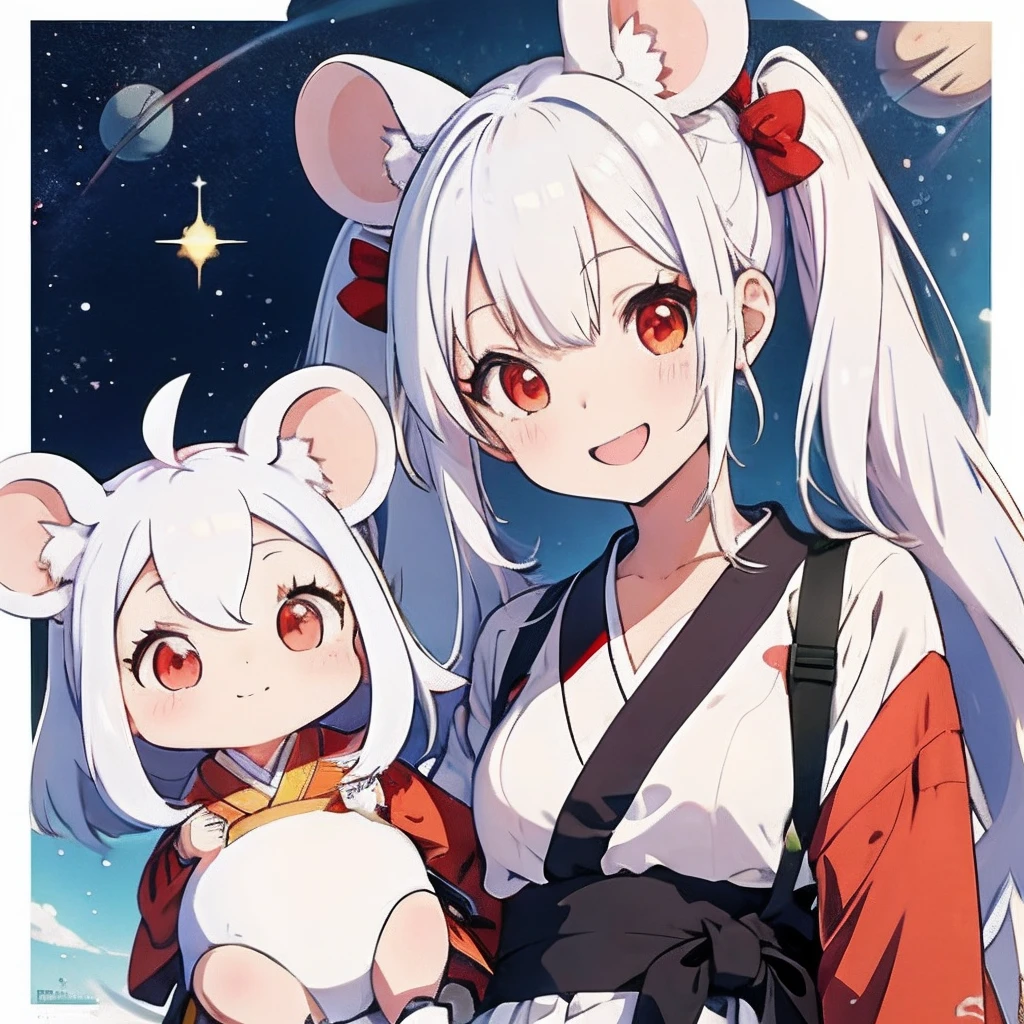 Anime girl with white hair, girl with１a person、（personification）、straight haired、Twin-tailed、Red hair ornament、Anime girl with round ears of a mouse, Anime visuals of cute girls, （Wearing a red kimono）（large ears that are round and white,,,,）、（I have a pet rat next to me）、portlate、（Outer space background）Outer space background、（A big smile）