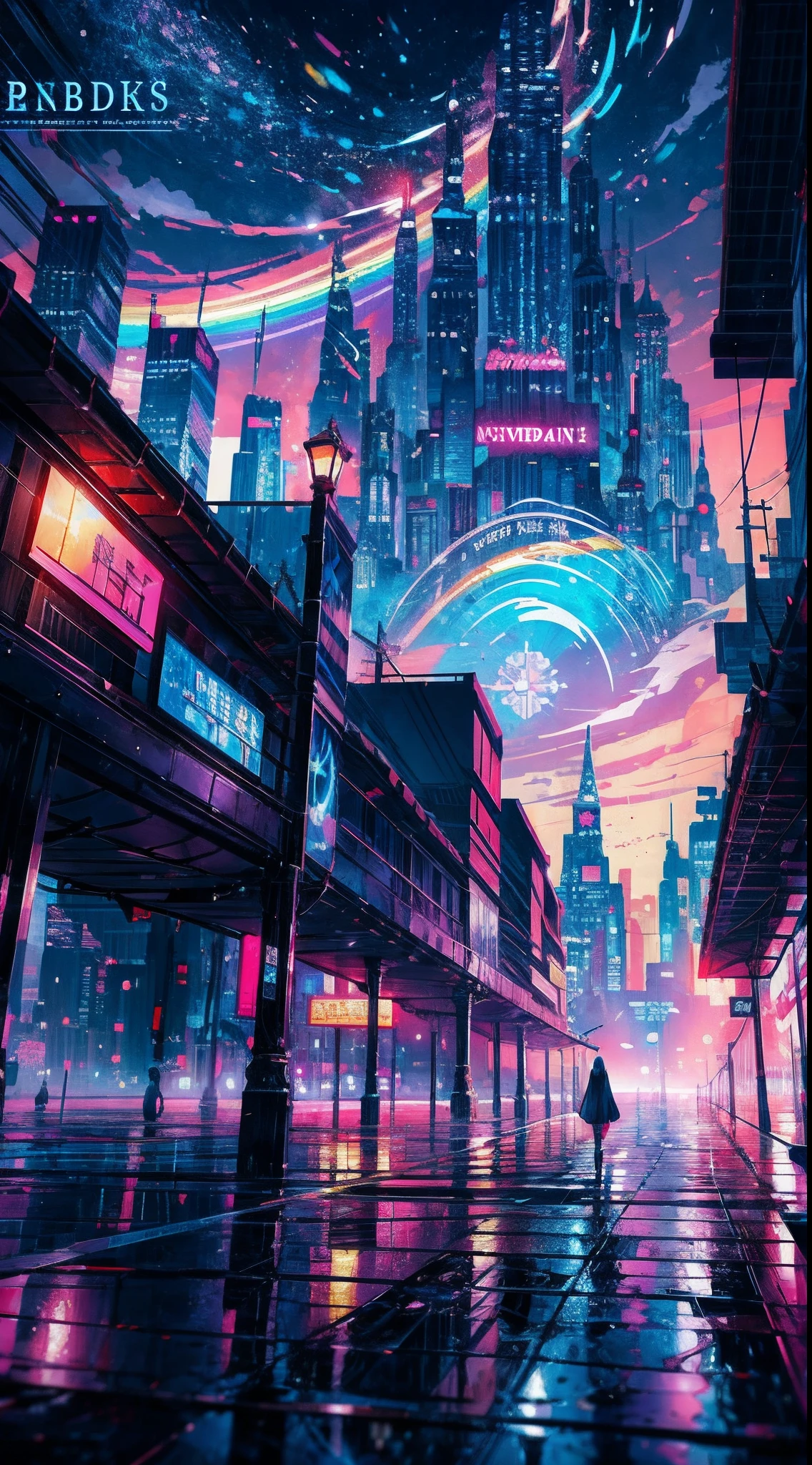 Anime girl standing in big city looking at rainbow sky,Near Future City、 makoto shinkai cyril rolando, anime art wallpaper 4k, anime art wallpaper 4k, Anime art wallpaper 8k, inspired by Cyril Rolando, in the style dan mumford artwork, amazing wallpapers, by Yuumei