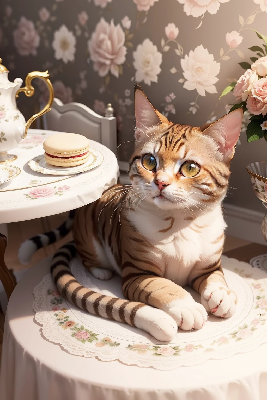 Here's the translation:
"Cat's Tea Party: Please illustrate a scene where a brown and white tabby cat is sitting in front of a small table, holding a teacup and enjoying its tea. On the table, there are sweets like macarons and cakes lined up. The background features floral-patterned wallpaper, giving off an antique ambiance."
