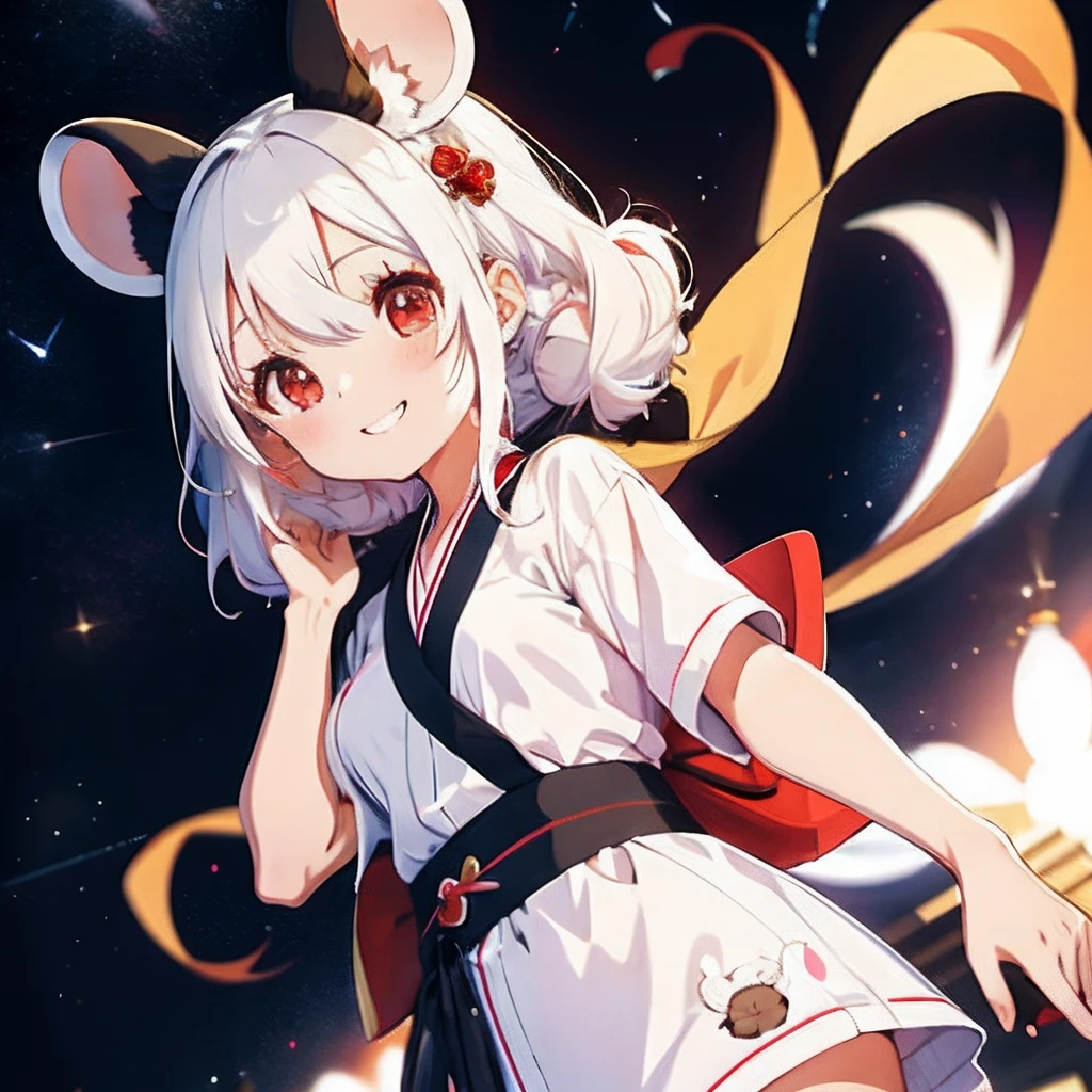 Anime girl with white hair, girl with１a person、（personification）、straight haired、Twin-tailed、Red hair ornament、Anime girl with round ears of a mouse, Anime visuals of cute girls, （Wearing a red kimono）（large ears that are round and white,,,,）、（I have a pet rat next to me）、portlate、（Outer space background）Outer space background、（A big smile）