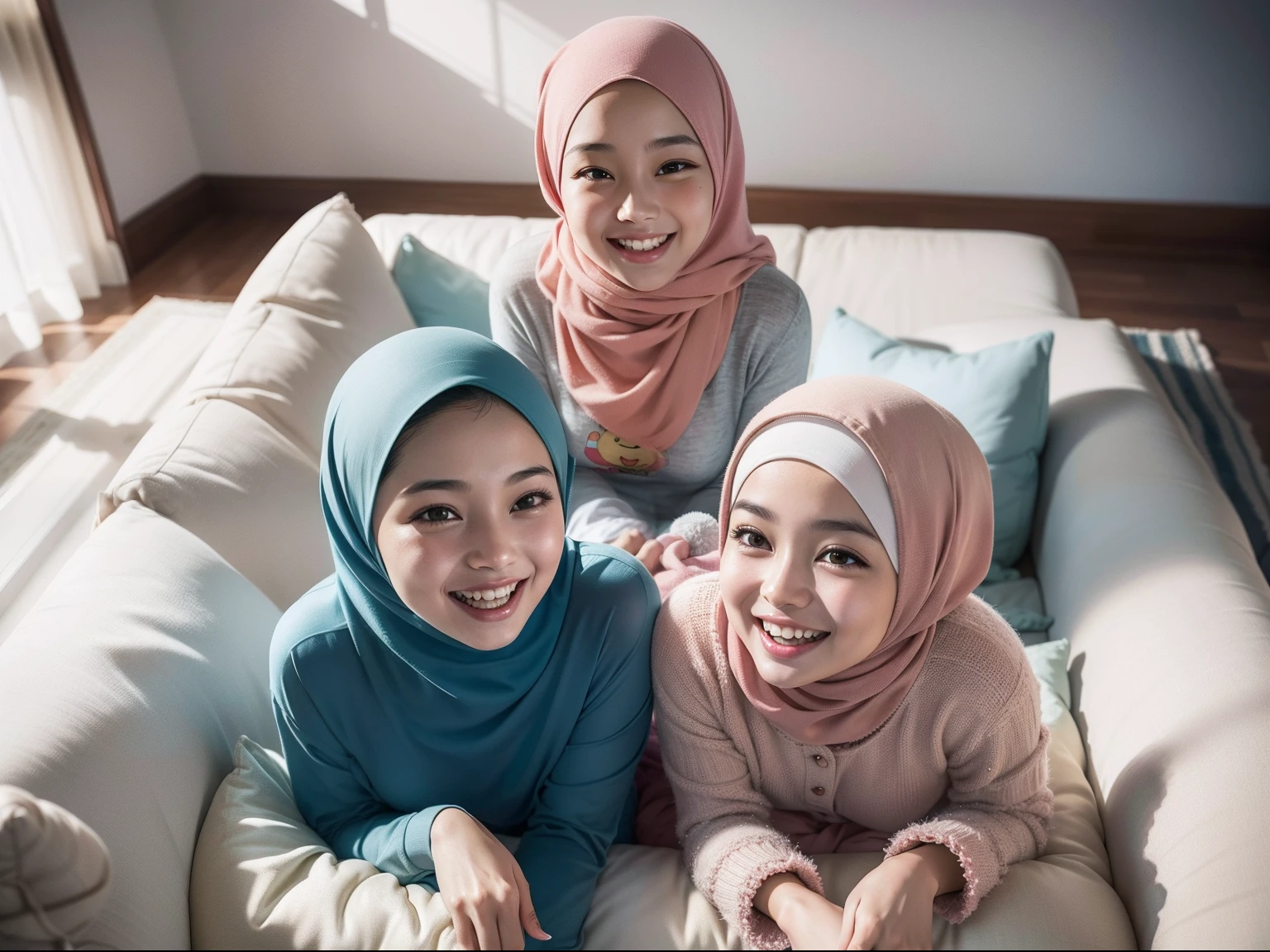 4 malay cute girls with hijab, (happy smile, laughing: 1.3), 8k, RAW portrait of malay girls with pompom plain hijab, 80mm, ultra high resolution, top quality, wearing cartoon pyjamas, laughing, top view, (looking up at the viewer from below), big, modern grey pastel living room, bed, sitting on fluffy couch with many big cute pillow, many cute pillow, break (natural skin texture, detailed skin, hyper-realism, super sharpness), intricate details, high resolution, natural light, cheerful environment, pastel color,