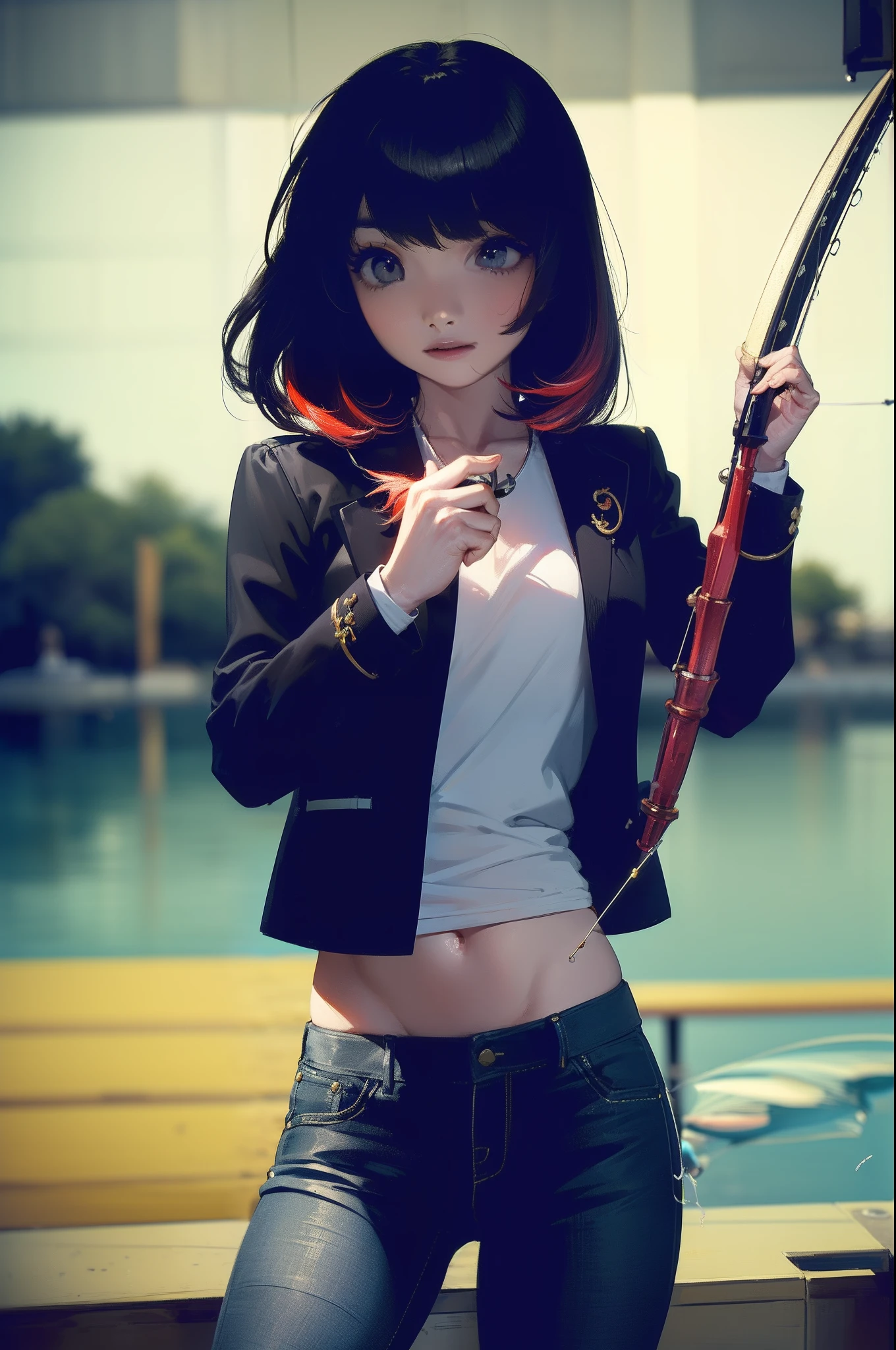 ((((casting a lure and having fishing rod with a reel by the lakeside:1.5)))),((Female 28 years old)),((Best Quality:1.5)),(((Hands with the correct number and structure of fingers:1.4))),((Big fish:1.37)),hight resolution,ultra-detailliert,​masterpiece,best qualtiy,(Eight-headed body),Black hair, long eyes-lashes, Solid Circle Eyes, drop shadow, Atmospheric perspective,Super Detail, ccurate, small brest,(Black jacket and black jeans :1.1),top-quality, blurry backround, bokeh dof:1.2, (​masterpiece:1.3),  Atmospheric perspective,Super Detail,dynamic compositions,