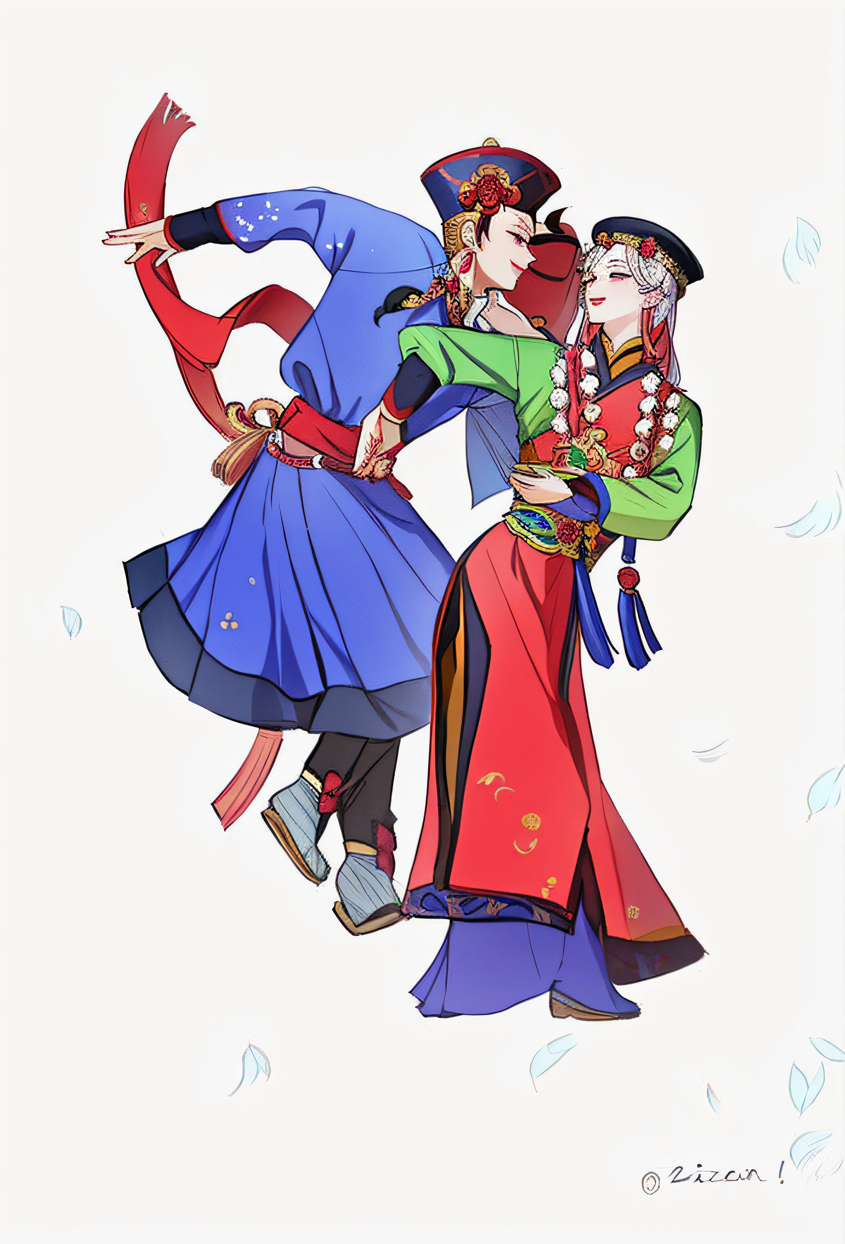 A painting of a pair of people dressed in traditional clothing, traditional painting, dancing with each other, Traditional clothing, inspired by Lü Ji, folkloric illustration, inspired by Zhang Zongcang, traditional garb, traditionalcostumes, Traditional Chinese clothing, artwork in the style of z.Show on the. gu, tibetan painting, Round dance, traditionalcostumes
