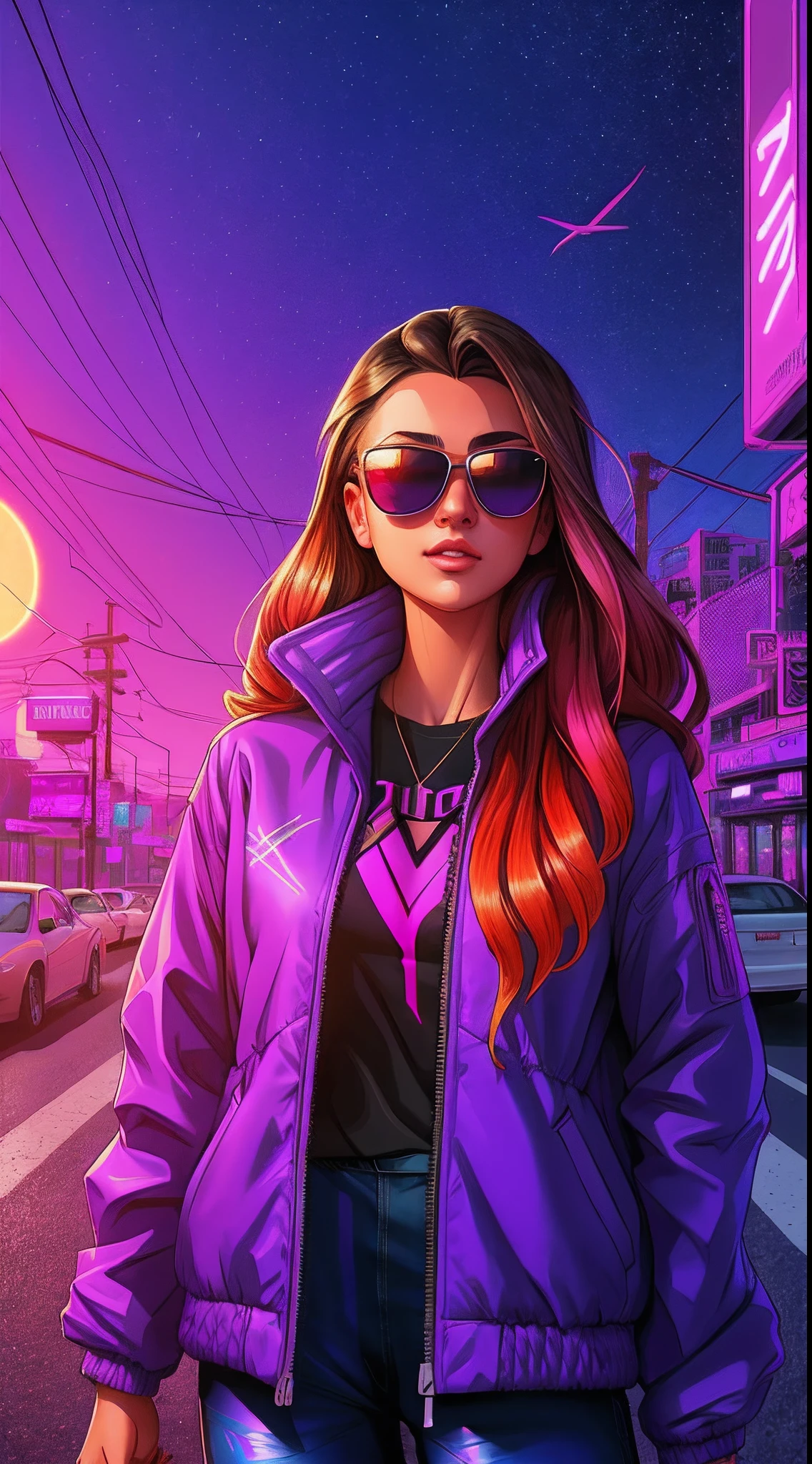 araffe woman with sunglasses and a purple jacket standing in the street, alena aenami and android jones, jen bartel, masterpiece epic retrowave art, synthwave art, synthwave art style, synthwave inspired, alena aenami and artgerm, stunning digital illustration, synthwave art style ]!!, style of alena aenami