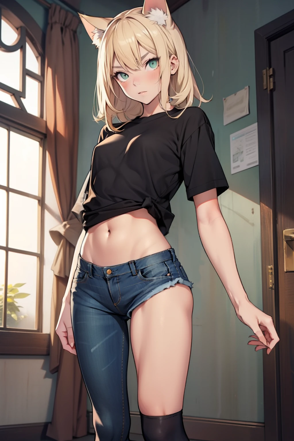 Blonde girl disguised as a cat,ite girl in,Green eyes,flat chest,Seductive look,Navel Ejection、Black shirt,tight-fitting clothes,Low-rise denim,Black knee socks on one leg,dim room