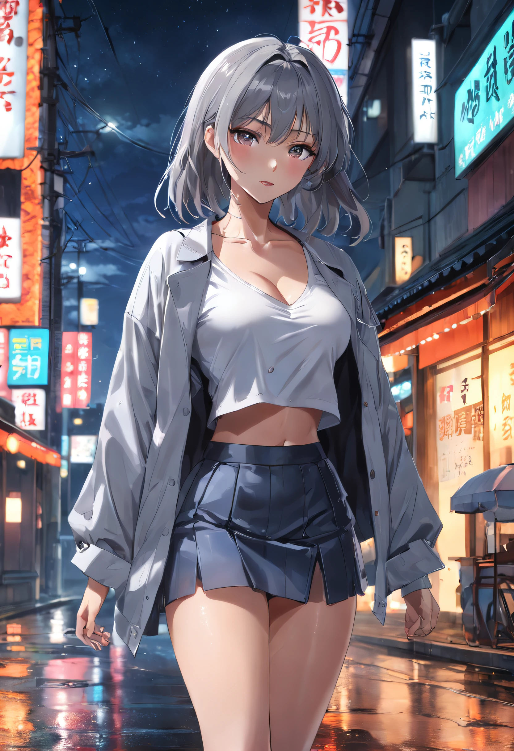 (8k, best quality, masterpiece:1,2), (realistic, photo-realistic:1,37), top quality, masterpiece, a beautiful woman, wearing a shirt for women crop v neck top white t-shirt korean fashion women t with a tight open gray color jacket, beautiful and toned body, cleavage, floral mini skirt, walking in the suburbs, slightly drizzling night background, in shops with Korean-style shop lights, night atmosphere, slightly wet asphalt, seductive smiles with dimples,