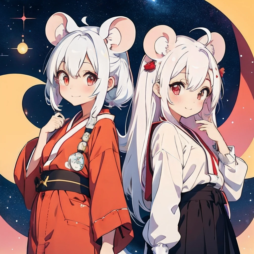 Anime girl with white hair, girl with1a person、(personification)、straight haired、(Twin-tailed)Twin-tailed、Red hair ornament、Anime girl with round ears of a mouse, Anime visuals of cute girls, (Wearing a red kimono)(large ears that are round and white,)、(I have a pet rat next to me)、portlate、(Outer space background)Outer space background、(A big smile)