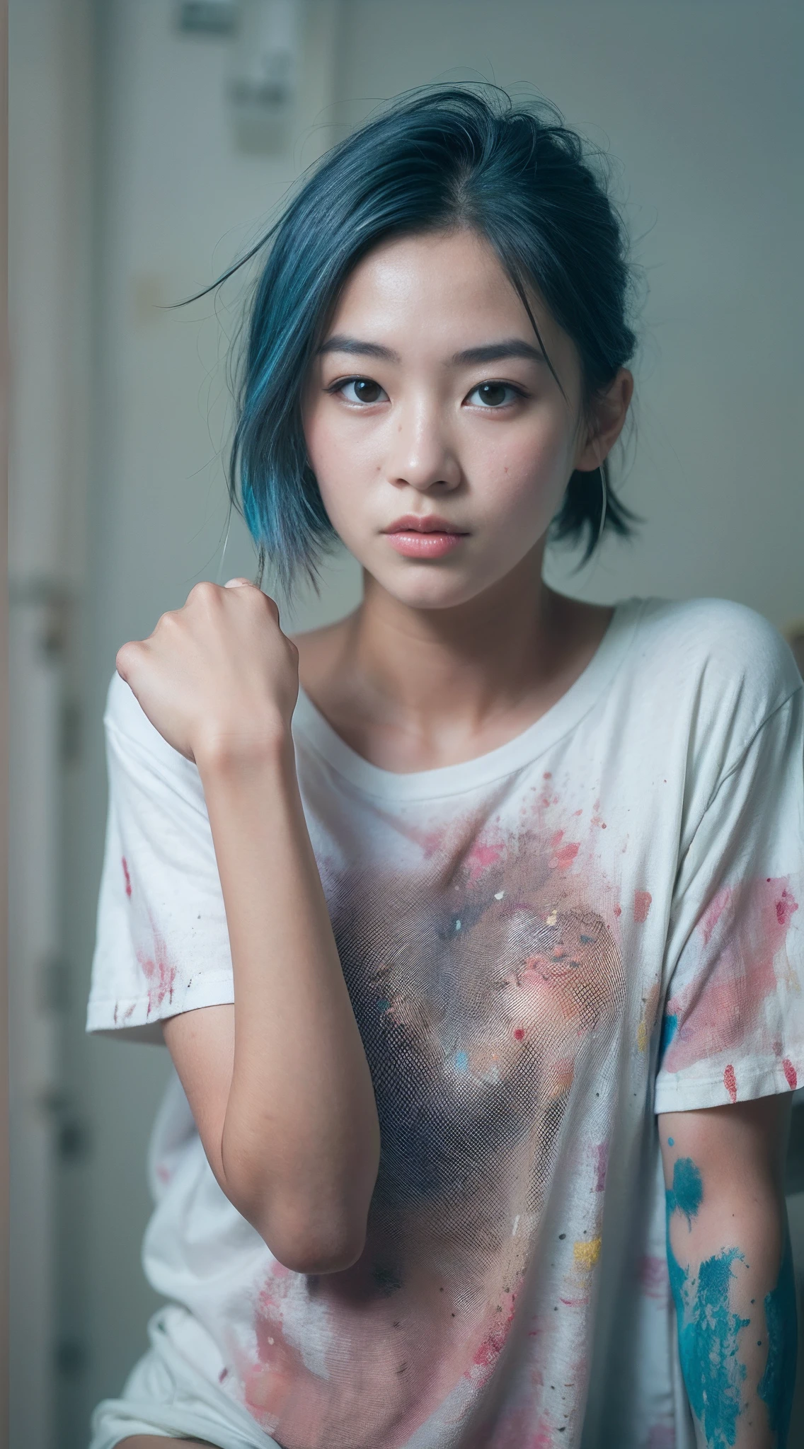 À la Fed woman in paint stained t-shirt, the whole body is stained with paint, 2 4 years old female model, Denim stained with paint, photo of slim girl model, Kobo、taken with canon eos 5 d mark iv, taken with canon 5d mk4, Shot with Canon EOA 6 D Mark II, sakimichan hdri、atelier