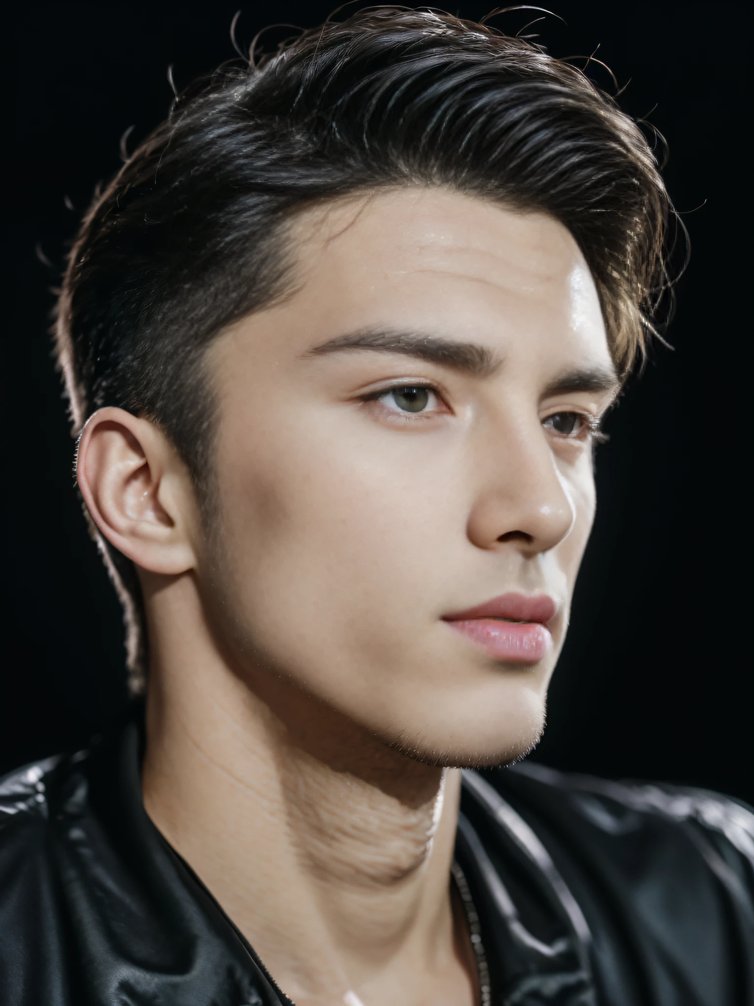 (10, RAW photo, top-quality),Realistic,1 man,22-year-old man,frontal,intricate detailed,gag,muscular male,manly,look away,male focus,bara,Transparent coat,night sky,gentle lighting,Cinematic lighting,portrait,close up shot,With love,