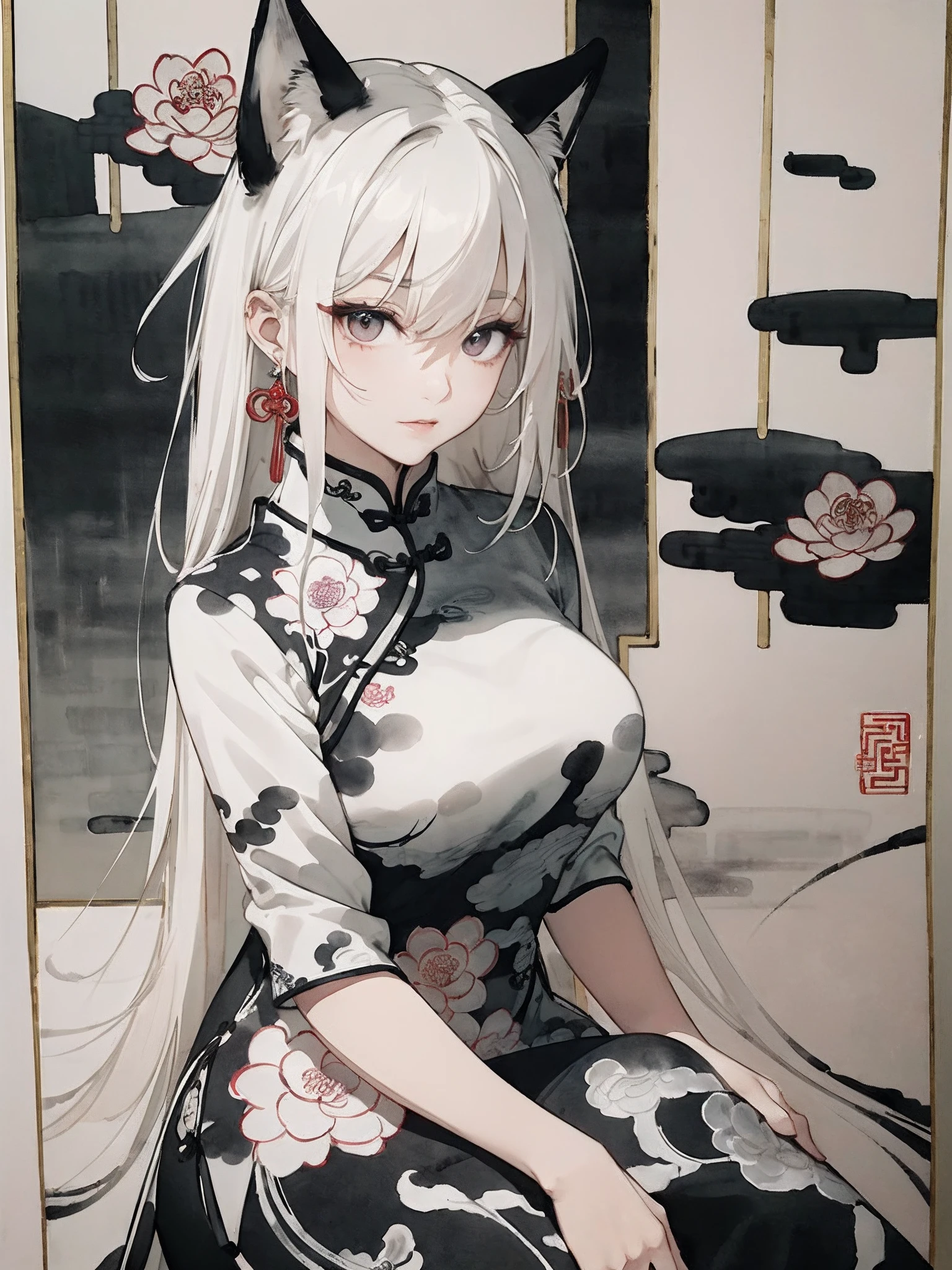 ((8K,masterpiece、top-quality))、((Traditional Chinese Ink Painting:1.4)),lotuses,((qipao dress:1.3)),Dress conservatively ,独奏、white hair、fox ear、blanche,looking at viewert