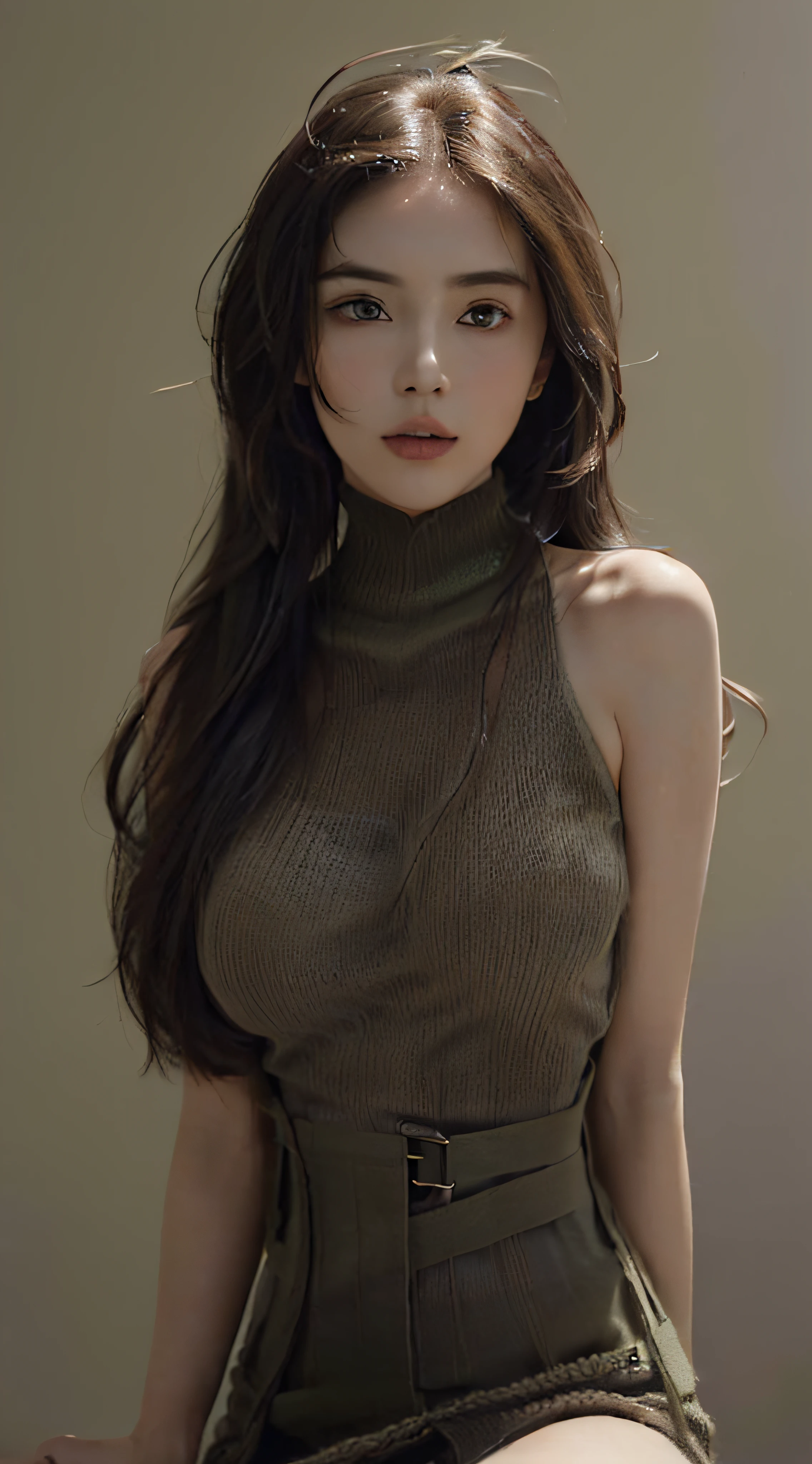 top-quality, Drawn details, (Put your face in, from waist up:2), masterpiece, 超A high resolution, (Realistic:1.4), Raw photo, (fair and clean skin:1.8), (Beautiful:1.5) (smaller head:1.3),(Small face:1.5), (with round face:1.7), (Beautiful fece, beautiful countenance:1.7), (big eye:1.35), (Pleasure:1.5), (smile:0.7), cute little, (Brown very long hair, Soft hair quality:1.8), (1人の女性, solo:1.5), (firm breasts, Huge breasts:2), (A slender:1.9), (thin waist, Thin arms, Thin leg, thin neck, thin shoulders:1.8), (High neck, summer knit, Black:2), (a choker, Black:1.5) BREAK (deep in the night:1.8), (Simple gradation Background, Olive color:1.9), (Soft light:1.5), (flawless face:1.8)