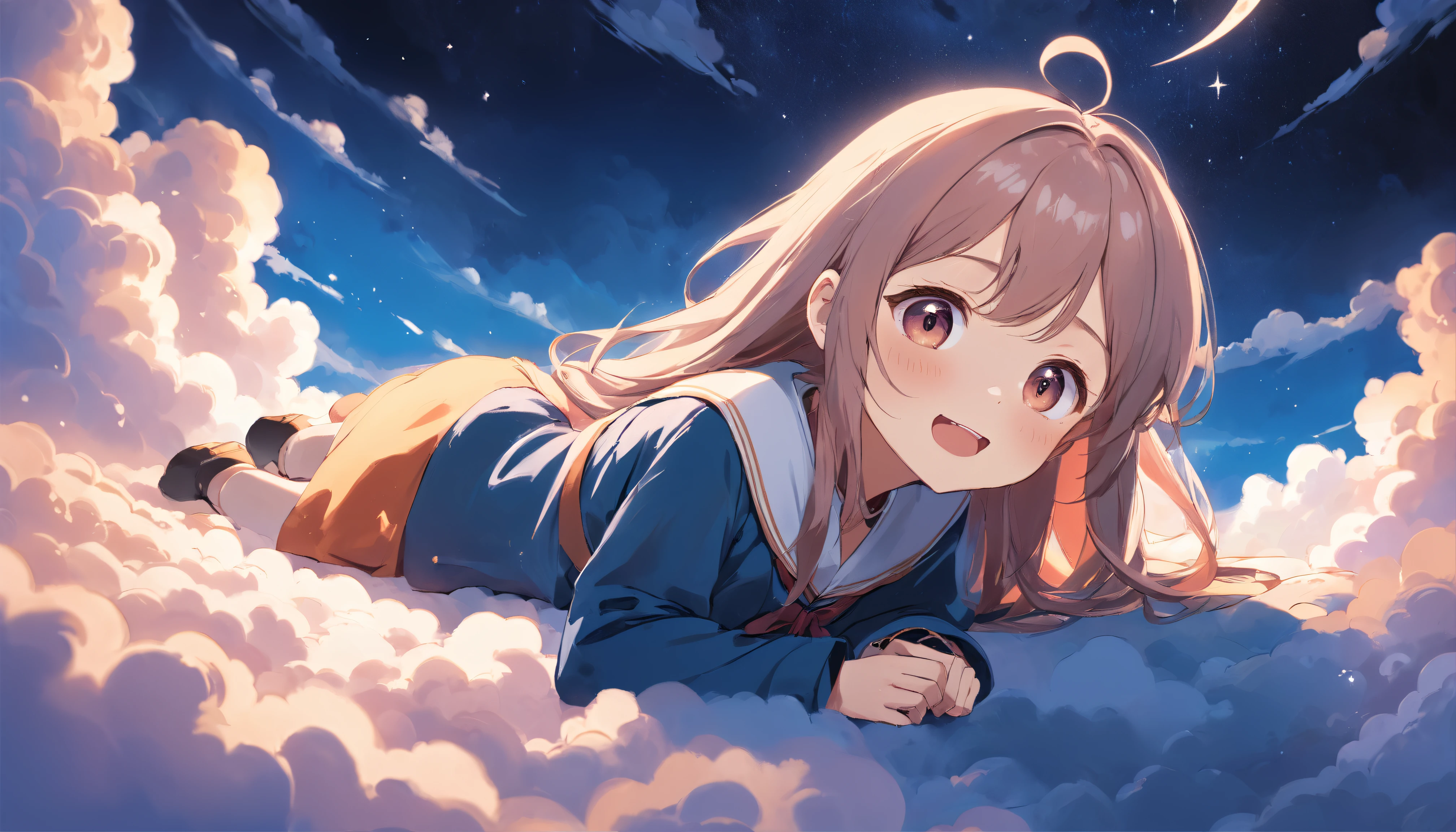 masterpiece, best quality, movie still, 1girl, cloud girl, floating in the sky, close-up, bright, happy, warm soft lighting, starry moonlit night, (sparks:0.7)