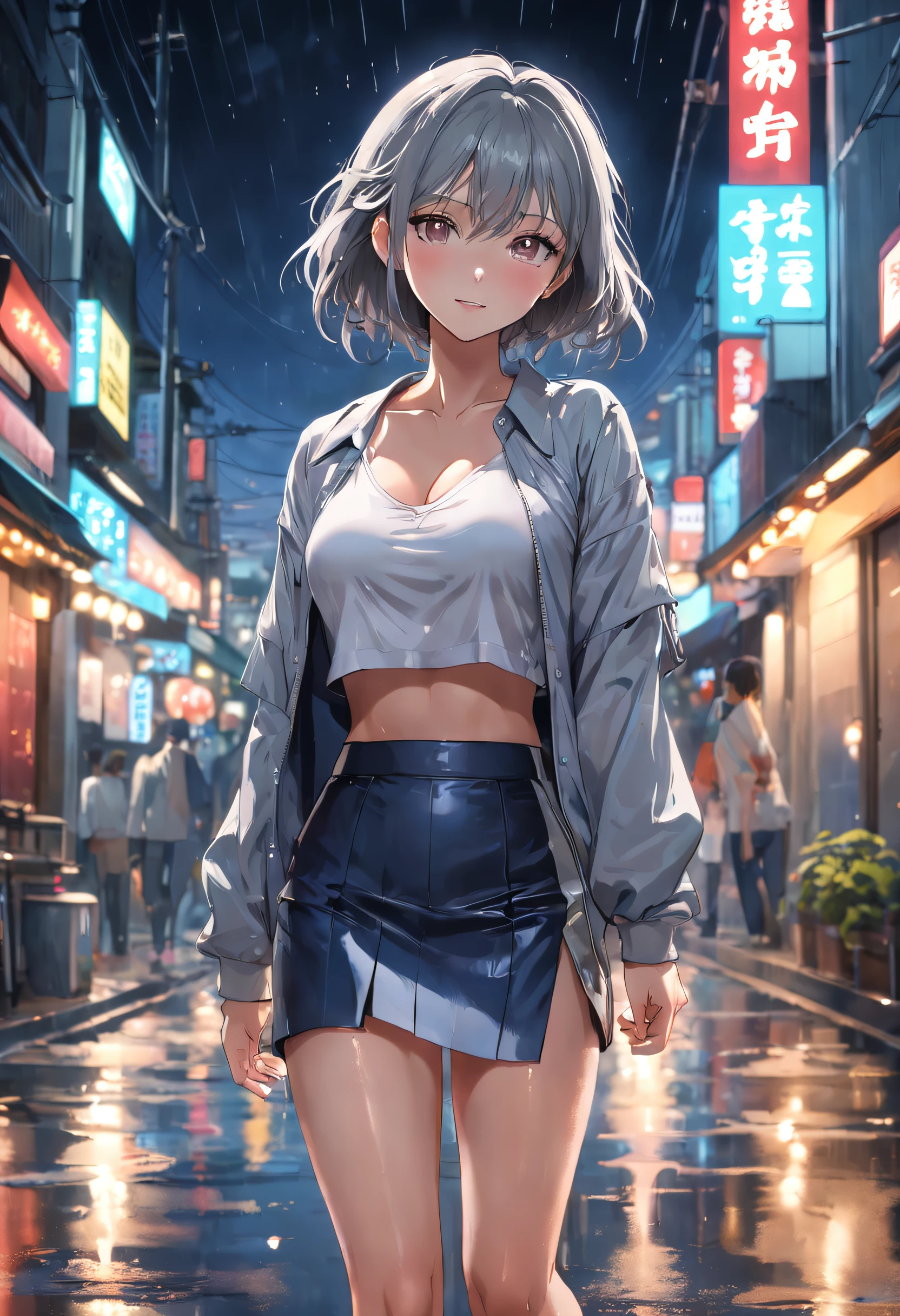 (8k, best quality, masterpiece:1,2), (realistic, photo-realistic:1,37), top quality, masterpiece, a beautiful woman, wearing a shirt for women crop v neck top white t-shirt korean fashion women t with a tight open gray color jacket, beautiful and toned body, cleavage, floral mini skirt, walking in the suburbs, slightly drizzling night background, in shops with Korean-style shop lights, night atmosphere, slightly wet asphalt, seductive smiles with dimples,