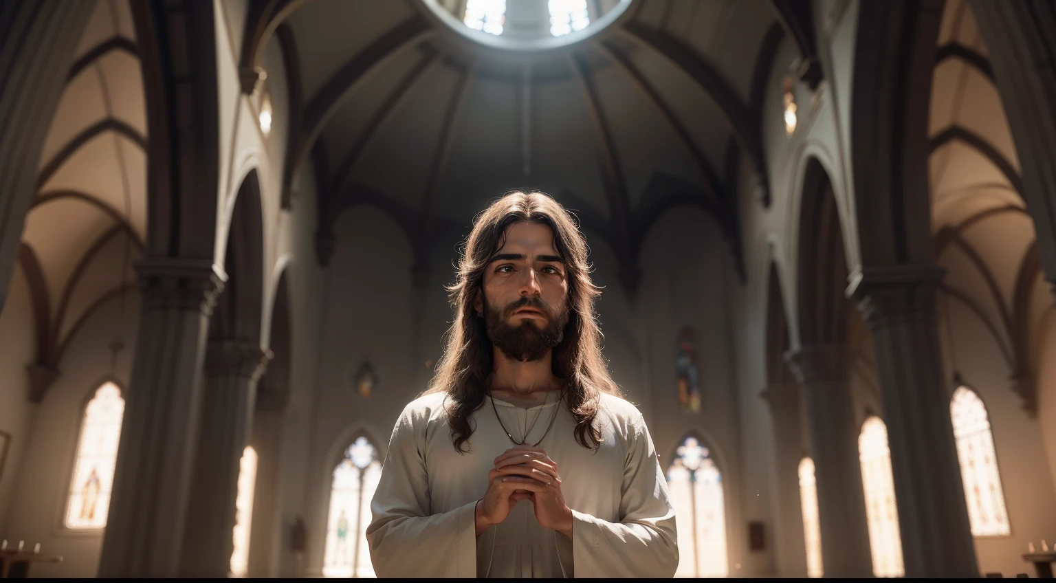 high-definition digital image depicting Jesus Christ inside a church, com um olhar amoroso e compassivo. Position Jesus on the altar or in a meaningful space within the church, rodeado por elementos sagrados. Captures your facial expression with rich detail, enfatizando o olhar amoroso e acolhedor em seus olhos. Use a soft color palette and lighting that enhances the sacred atmosphere of the environment. Pay attention to the small details, such as the texture of clothes and facial features, to create a realistic and emotionally impactful representation.