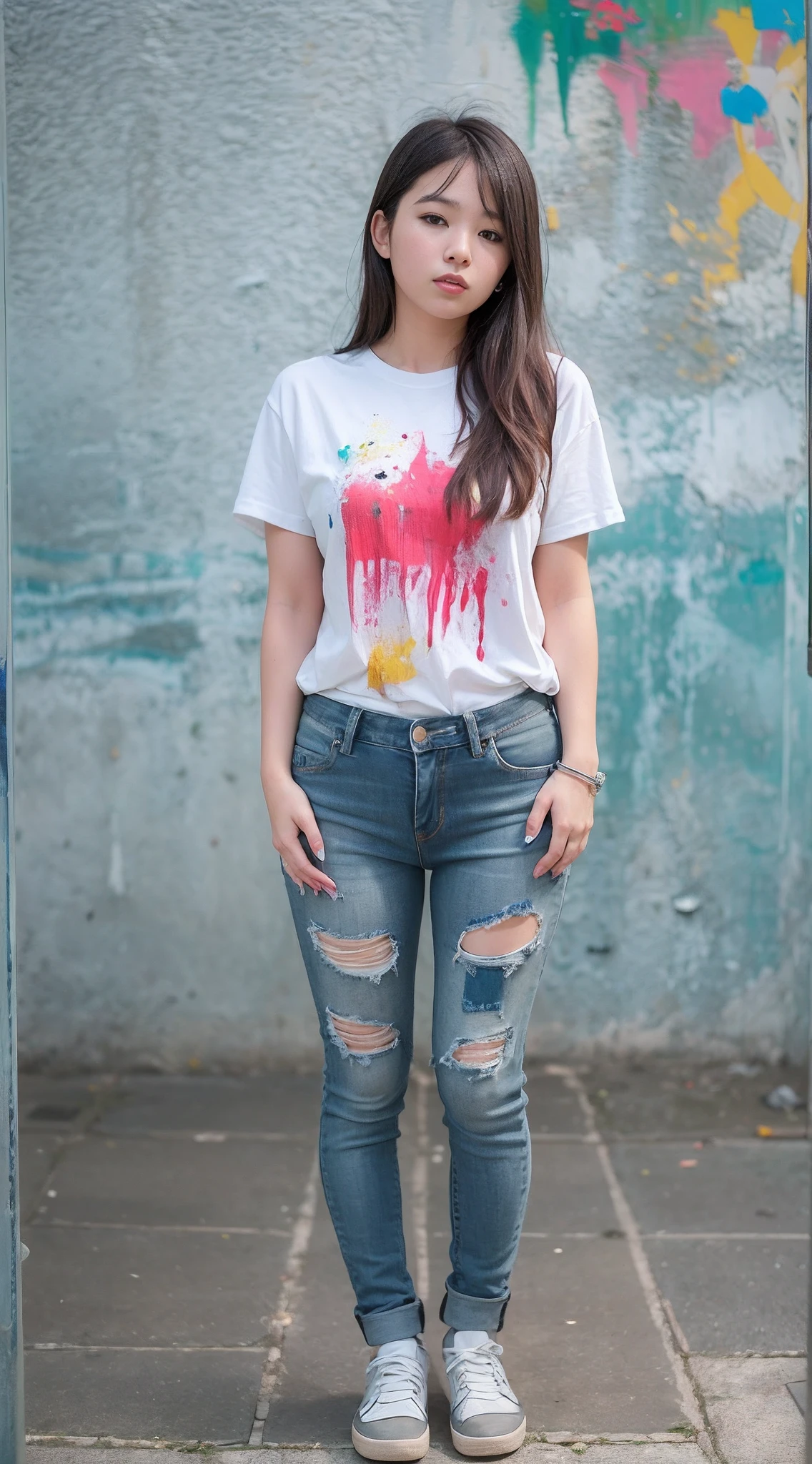 À la Fed woman in paint stained t-shirt, the whole body is stained with paint, 2 female model, Denim stained with paint, photo of slim girl model, Kobo、taken with canon eos 5 d mark iv, taken with canon 5d mk4, Shot with Canon EOA 6 D Mark II, sakimichan hdri、atelier