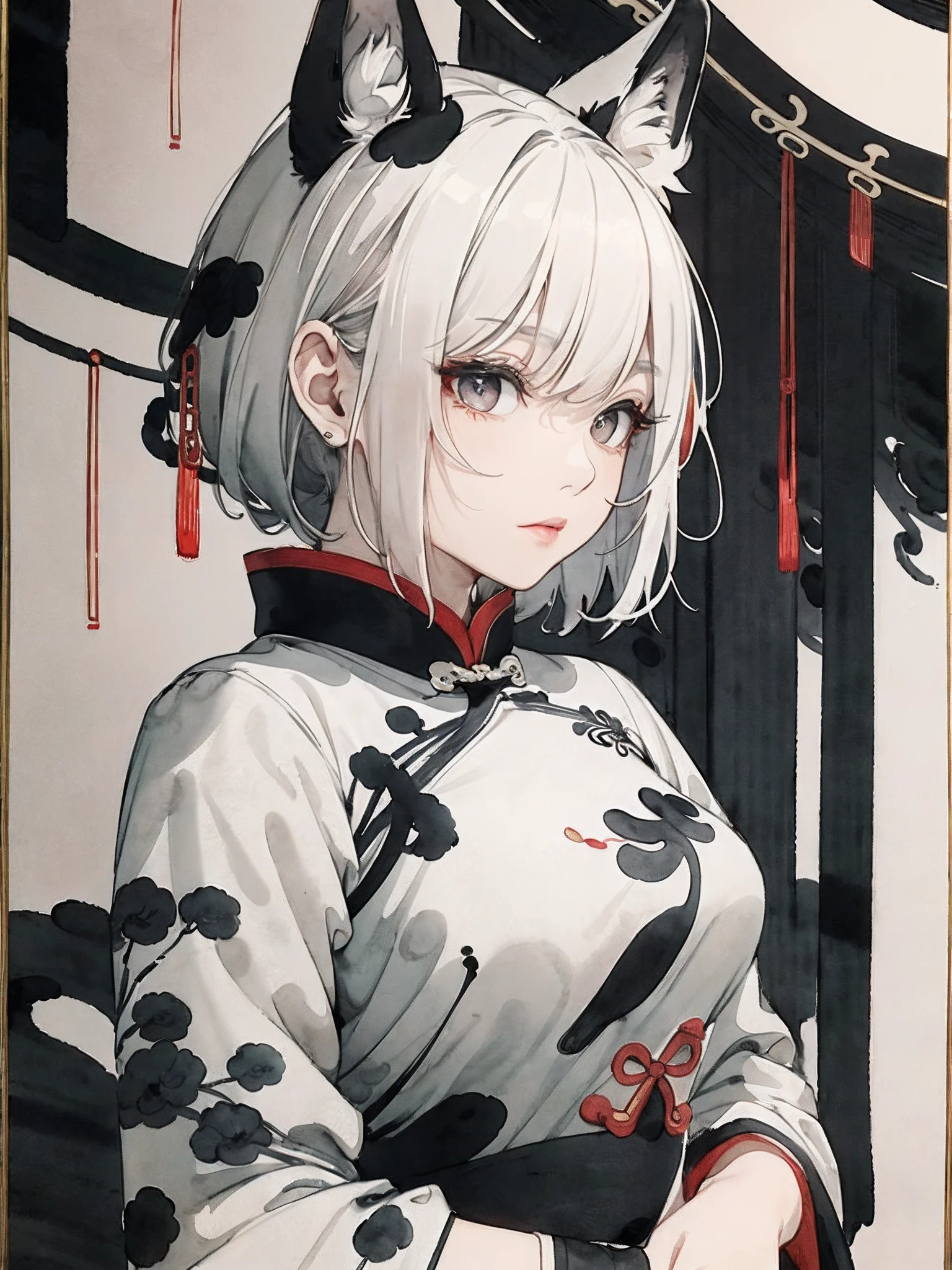 ((8K,masterpiece、top-quality))、((Traditional Chinese Ink Painting:1.4)),lotuses,((qipao dress:1.3)),Dress conservatively ,独奏、white hair、fox ear、blanche,looking at viewert