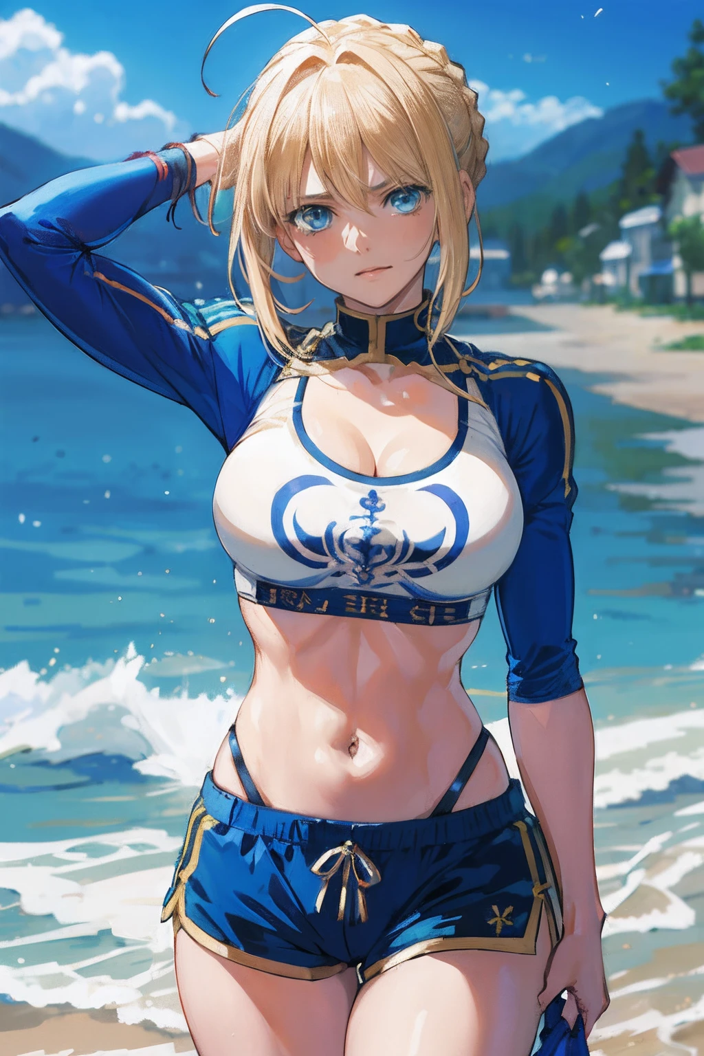 masterpiece、highest quality、High resolution、Anime Women、solo、blue bow、Blue bra、Blue Panties、Big Breasts、cleavage、woman with very large breasts、collarbone、Bare shoulders、Bare Arms、Hair Bun、bra with an blue、panty with an blue、Upper Body、blue bra with a yellow lace trim and blue panty with a yellow bow、Cowboy Shot、looking at viewer、Are standing、