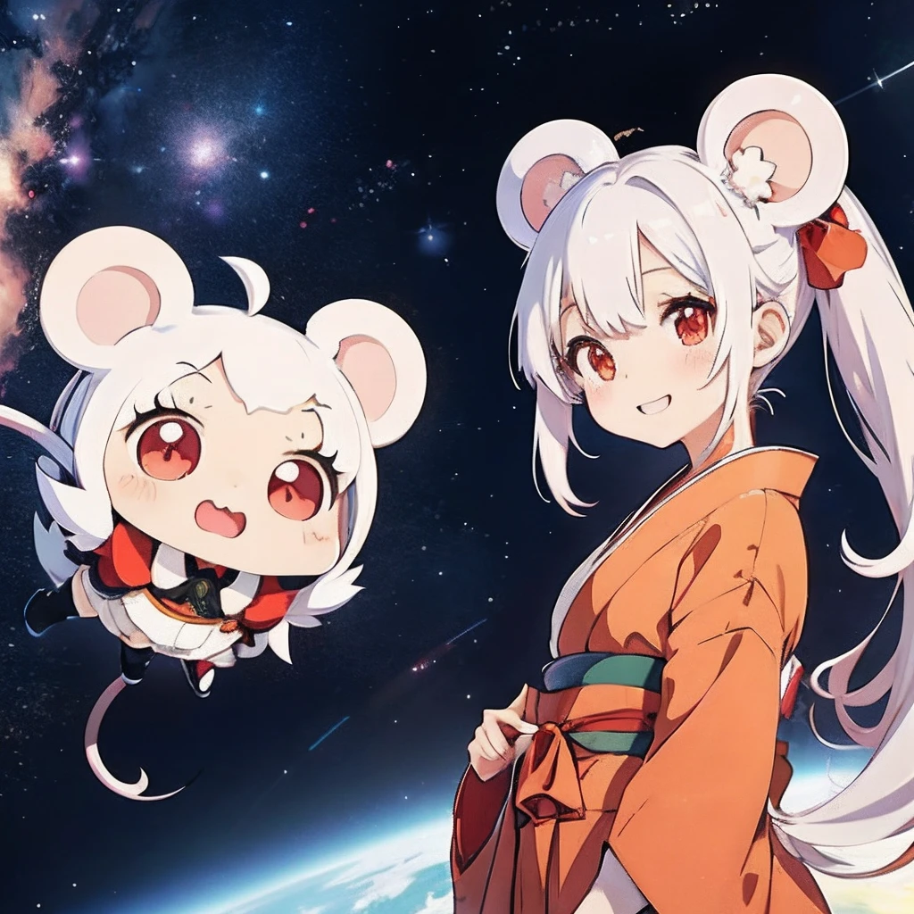 Anime girl with white hair, girl with１a person、（personification）、straight haired、（Twin-tailed）Twin-tailed、Red hair ornament、Anime girl with round ears of a mouse, Anime visuals of cute girls, （Wearing a red kimono）（large ears that are round and white,）、（I have a pet rat next to me）、portlate、（Outer space background）Outer space background、（A big smile）