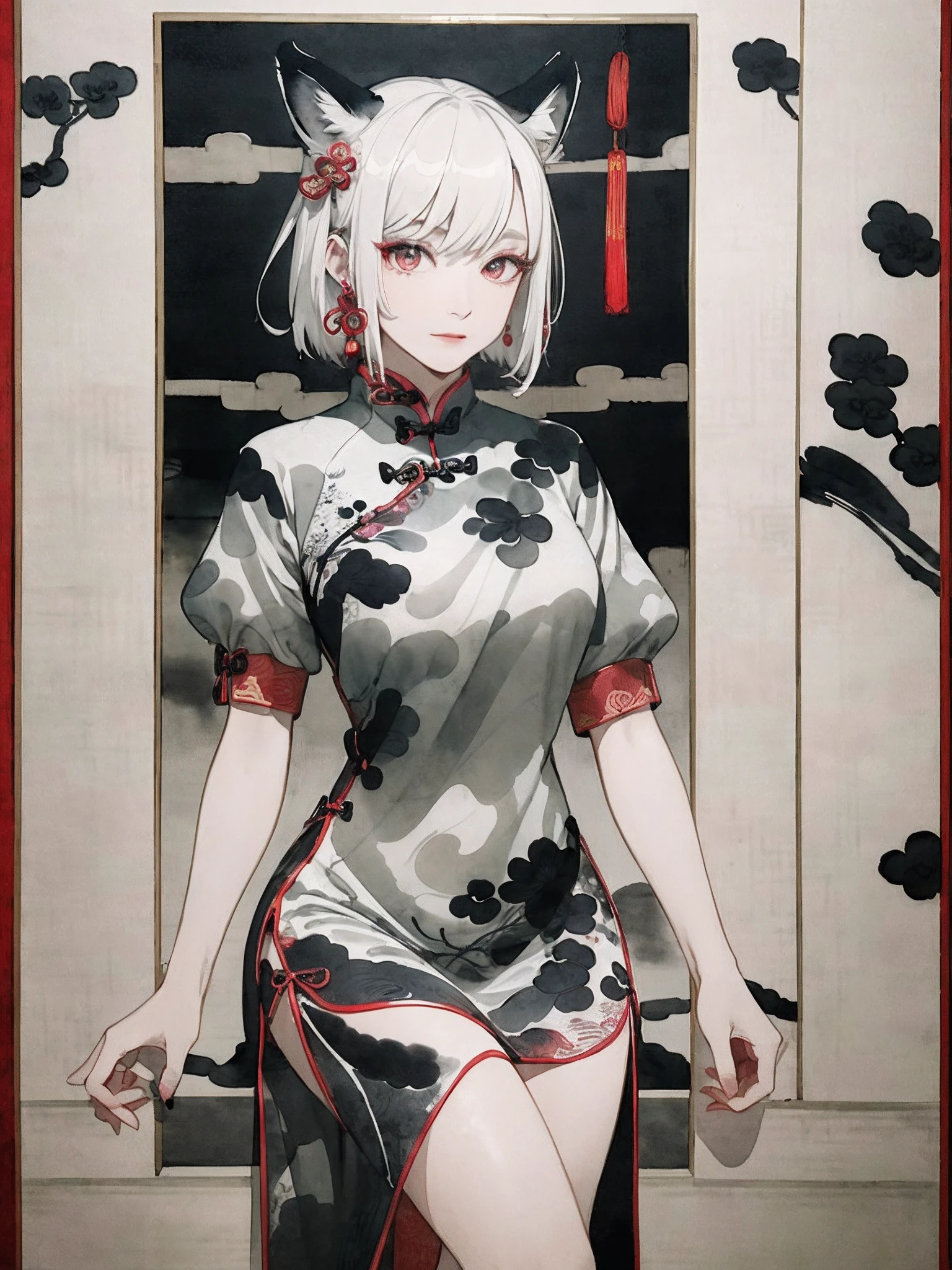 ((8K,masterpiece、top-quality))、((Traditional Chinese Ink Painting:1.4)),lotuses,((qipao dress:1.3)),Dress conservatively ,独奏、white hair、fox ear、blanche,looking at viewert