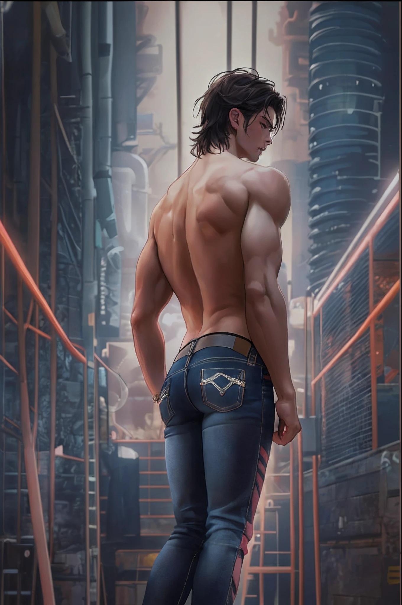 Skinny handsome man, (Stripper under jeans pink thong), (languid face, wants love), (Background strip club, pylon, Six), (Dark hair), (half-dressed), Masterpiece, ultradetail, hiquality, delicate detailed
