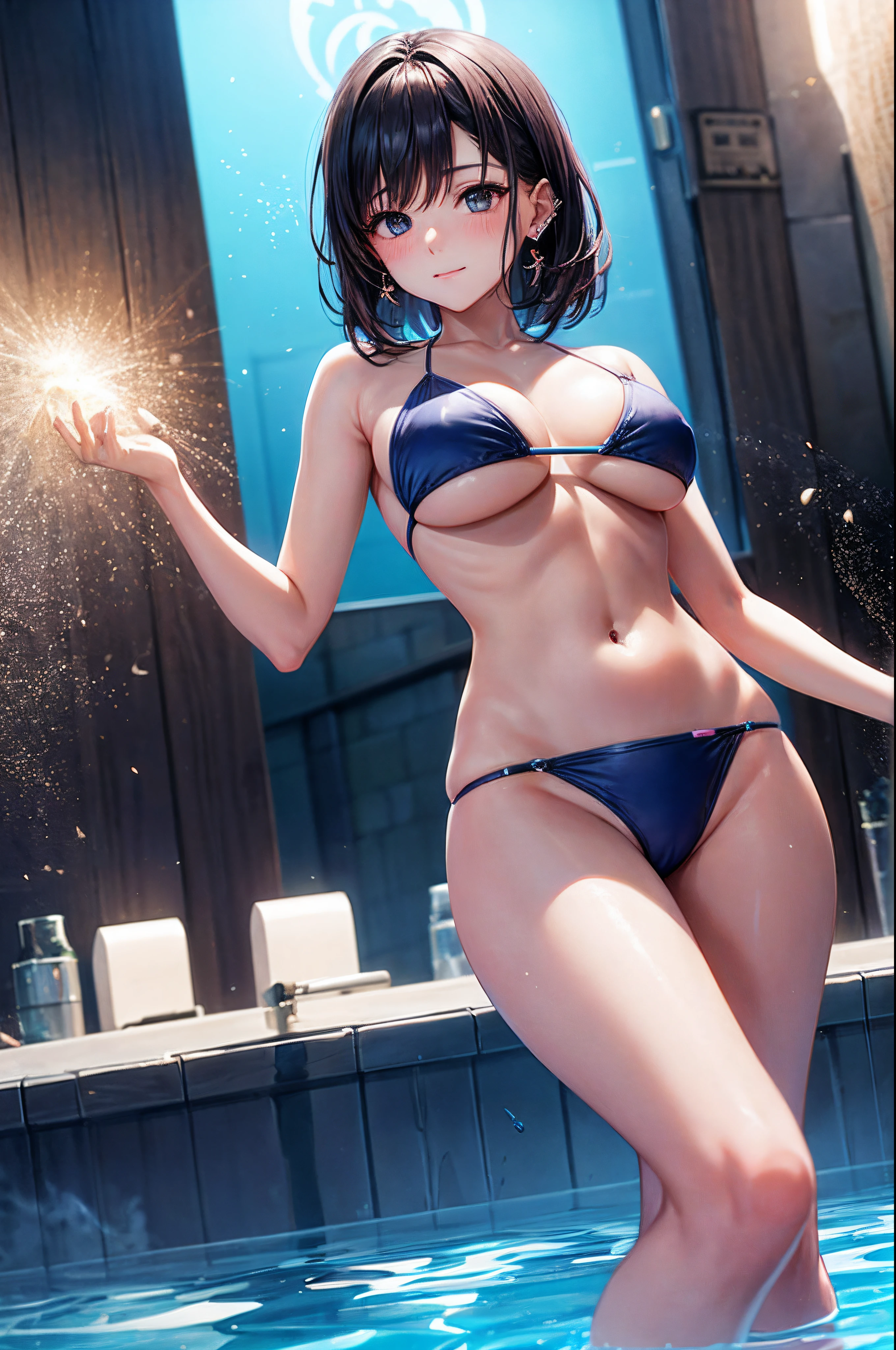 realisitic、top-quality、 1 人、20yr old、dark-colored hair、piercings、Shy face、Fancy Bikini、beautiful boob 、sexypose、s ass、Example Pool、Particles of light、profetional lighting、blue open sky