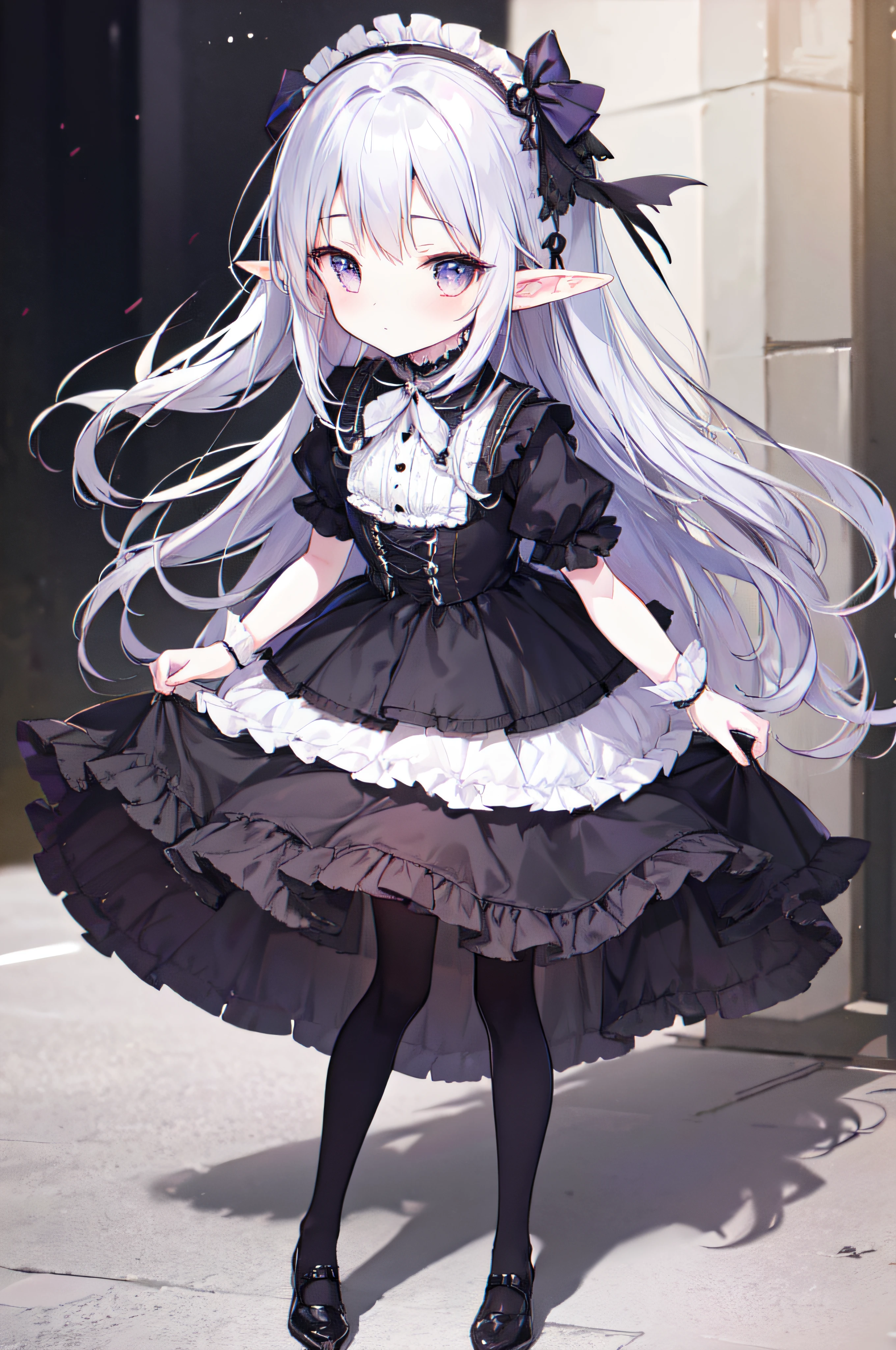 looking at viewer, full body, wearing victorian gothic, stocking, silver hair, white eyes, detailed eyes, elf race, childish, loli