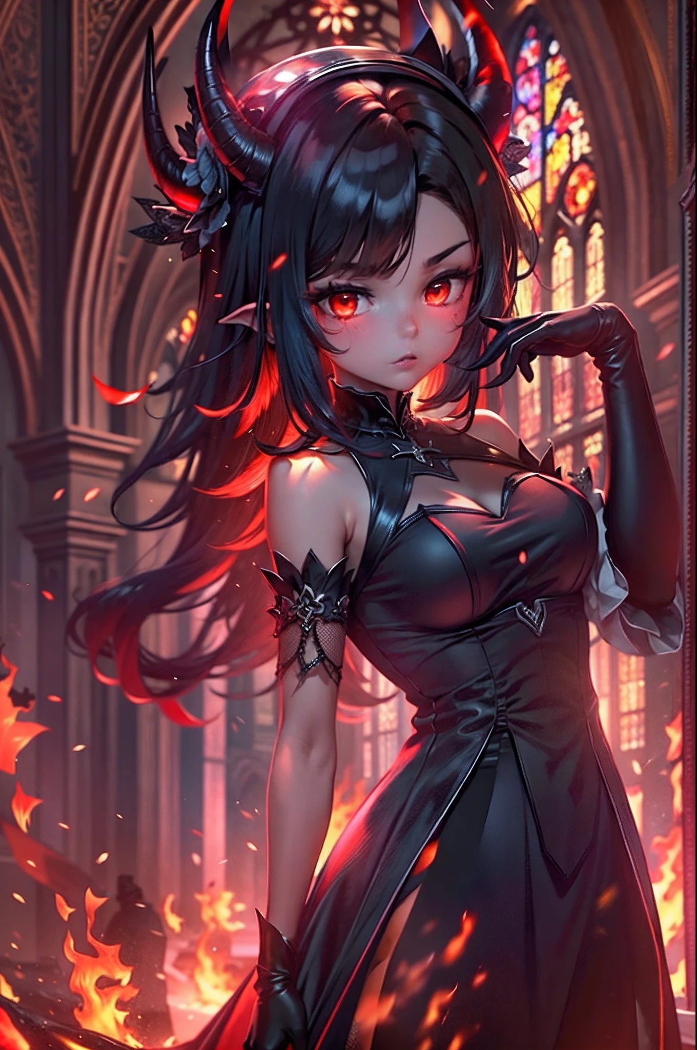 1 girl, demon girl, solo, black hair, short straight hair, gloves, bun updo, side bangs, long horns, ultra detailed red and black eyes, slit_pupils, gothic dress, sleeveless gothic dress, light gothic dress, skirtless gothic dress, gothic cathedral, glowing flames surrounding the girl, inner room of the cathedral is on fire, exuding flames from eyes, dim lighting, warm colours, fascinator_hat, beautiful pose, serious expression