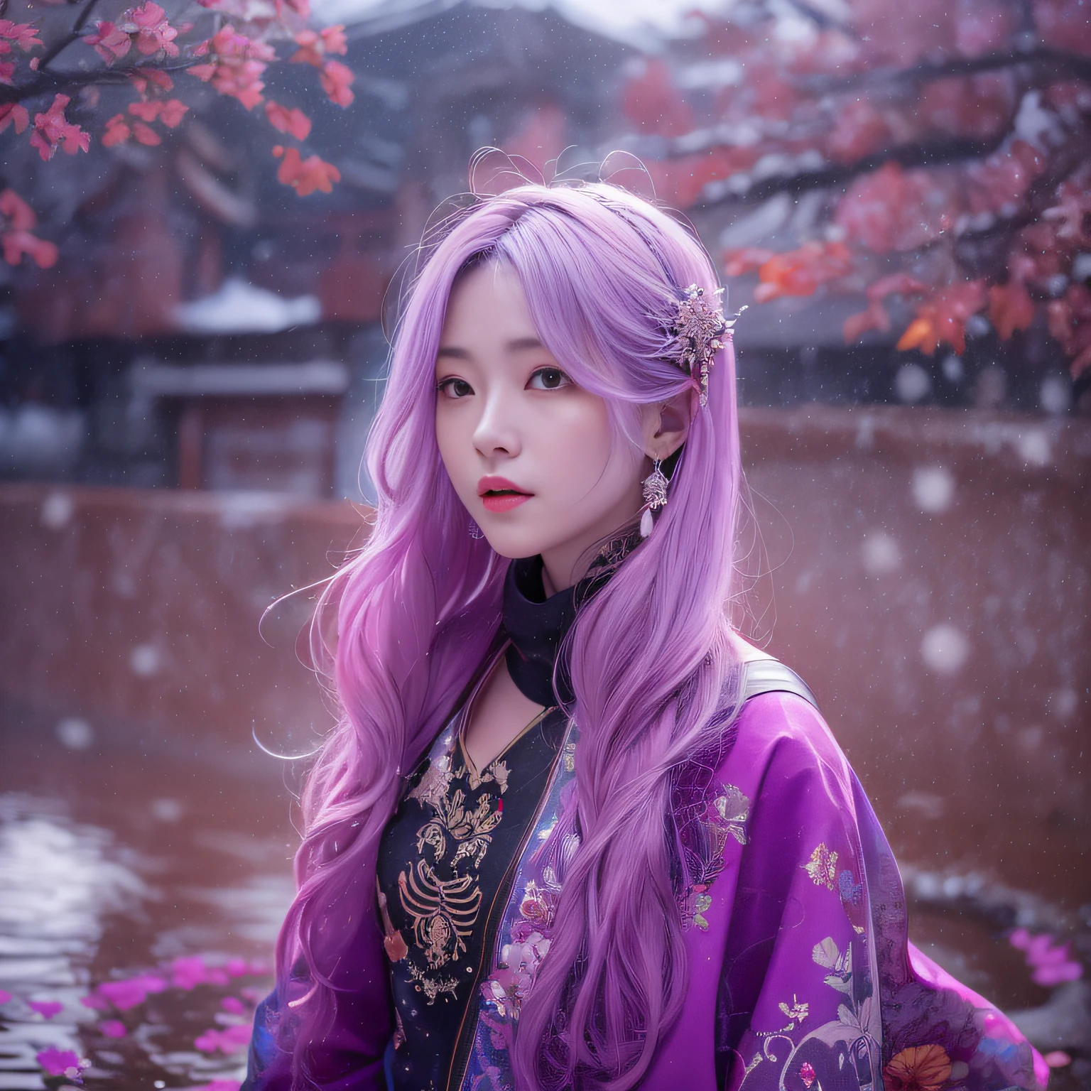 Snow hoop exclusion area 32K（tmasterpiece，k hd，hyper HD，32K）Long flowing purple-pink hair，Autumn Pond，zydink， a color， Tongzhou people （Girl with glowing eyes）， （Thin silk scarf）， Side squat position， looking at the ground， long whitr hair， Floating hair， Python headdress， Chinese long-sleeved clothing， （abstract ink splash：1.2）， white backgrounid，Lotus protector（realisticlying：1.4），Purple-pink hair，Snowflakes fluttering，The background is pure， A high resolution， the detail， RAW photogr， Sharp Re， Nikon D850 Film Stock Photo by Jefferies Lee 4 Kodak Portra 400 Camera F1.6 shots, Rich colors, ultra-realistic vivid textures, Dramatic lighting, Unreal Engine Art Station Trend, cinestir 800，Long flowing purple-pink hair