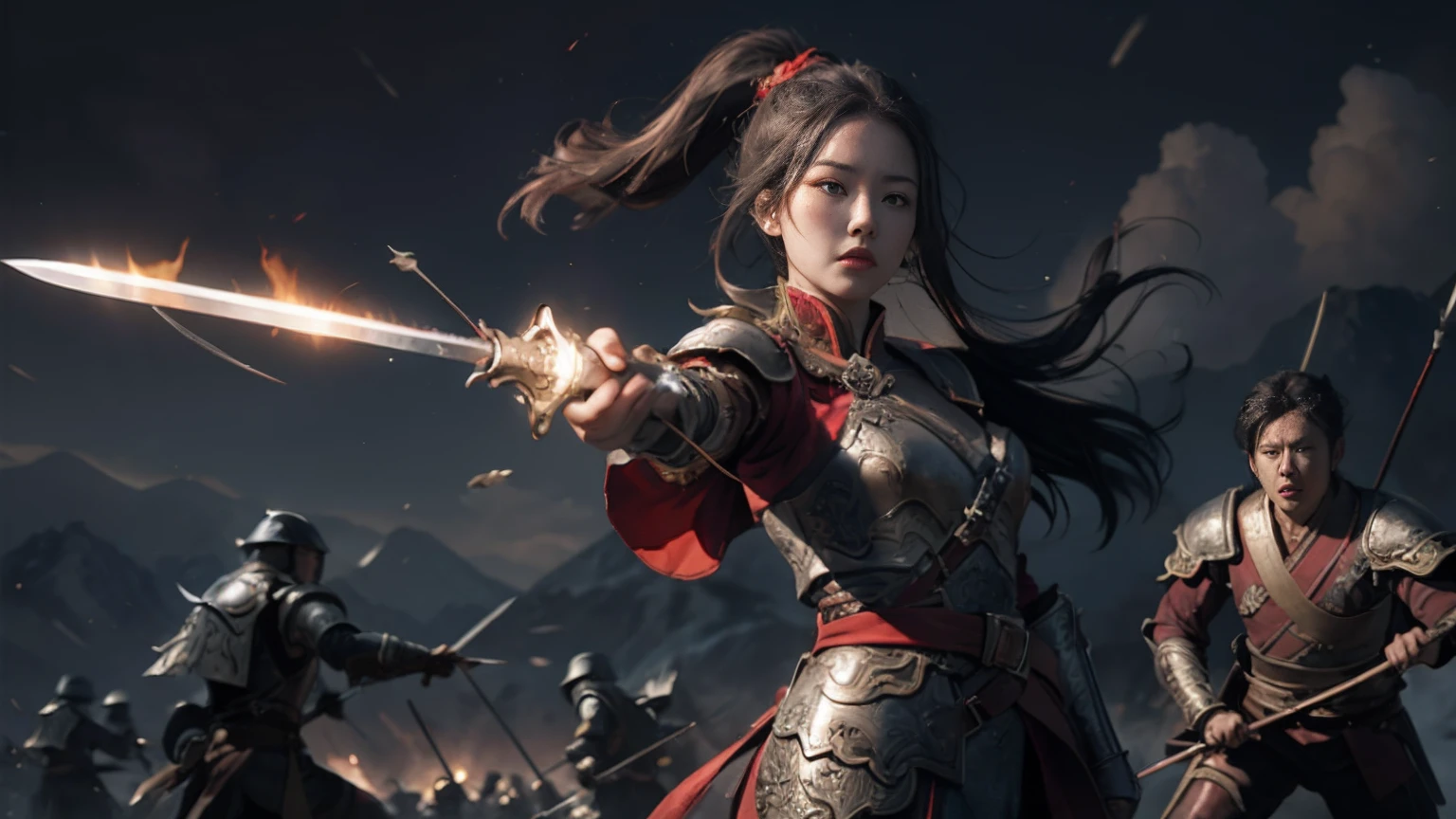 (Positive Focus), (In the Dark: 1), (Best Quality), (Realisticity: 1), Movie Poster, Realistic Skin Texture, Highly Detailed, 8k Wallpaper, Volume Lighting, Dynamic Lighting, A Girl, Long Black Hair, Ponytail, Black Metal Armor, Red Belt, Black Armor, Shoulder Armor, Waist Guard, Hand Guard, Veil, Holding a Long Sword in front of Body, Ancient Chinese Style, Short Sword at the Waist Attacking Posture, Lots of Blood, Damaged Clothes, Ancient Chinese Battlefield, A Group of Ancient Soldiers Chasing and Killing, Arrows Flying, War, night, dramatic composition, sword qi surrounding, rich picture detail, war, movie lighting,