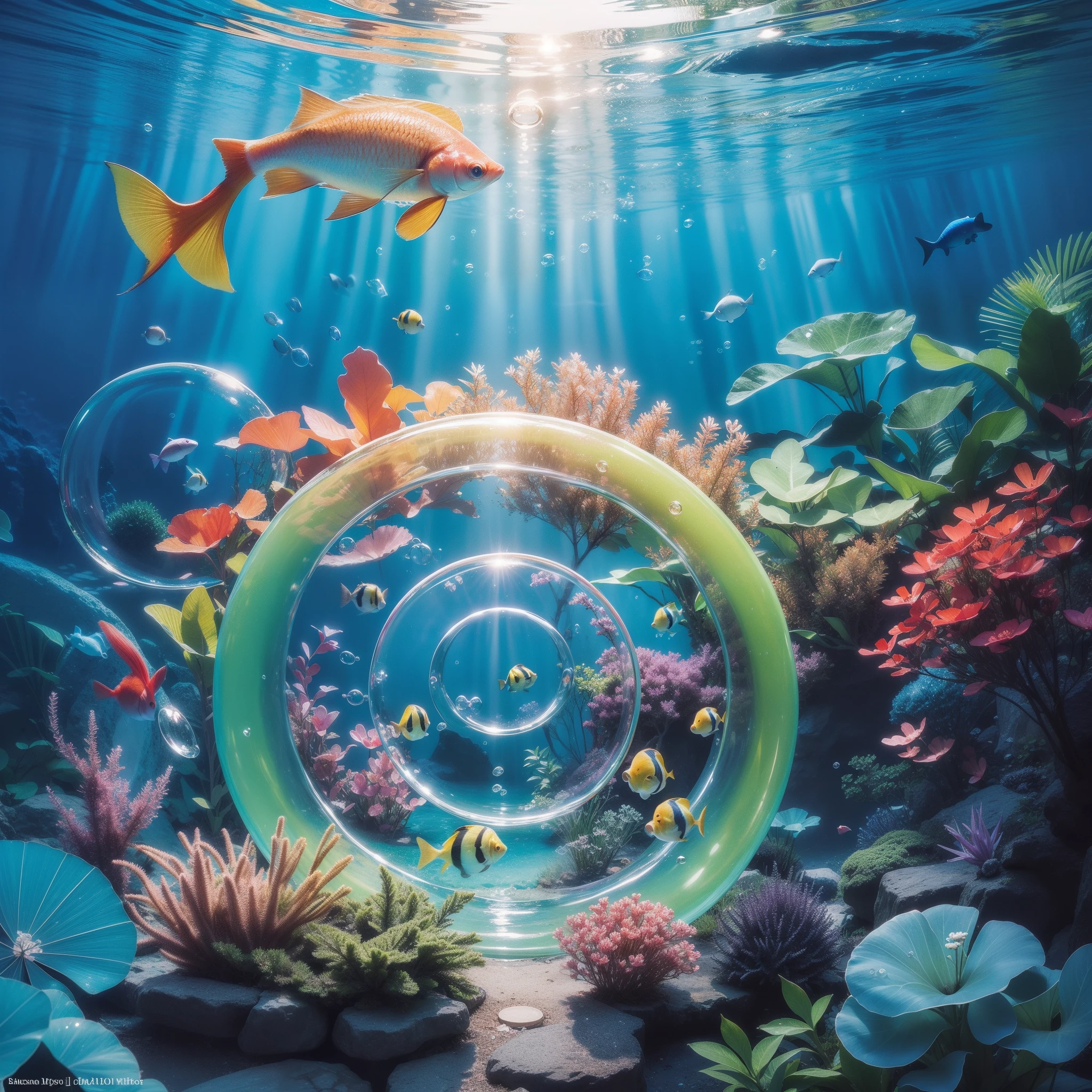 Ring-shaped aquarium, colorful and beautiful Small tropical fish pass through a (ring of bubbles:1.3). Bright light illuminates. no Human. Detailed drawing. Vivid colors. High image quality. (Best Quality), (masutepiece:1.3), Unity 8K Wallpaper. a beautiful artwork illustration, SIDESHOT,