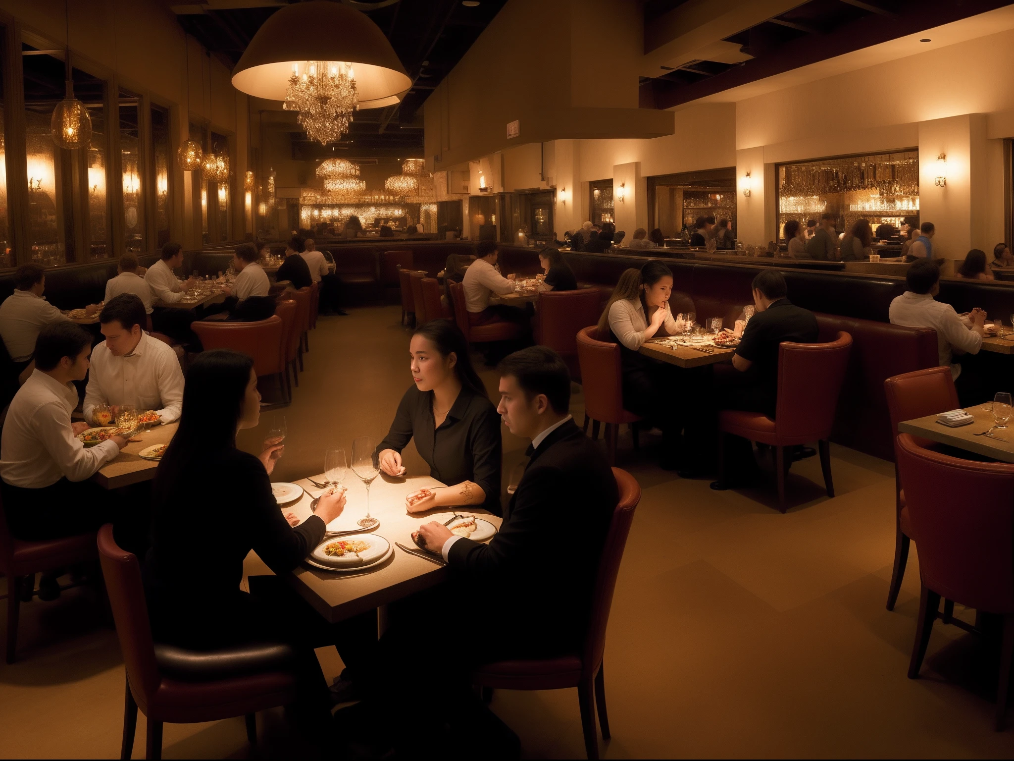 People sitting in a restaurant, bustling with customers, sophisticated restaurant, waiters, ambient low lighting, wide shot of the restaurant, high quality.
