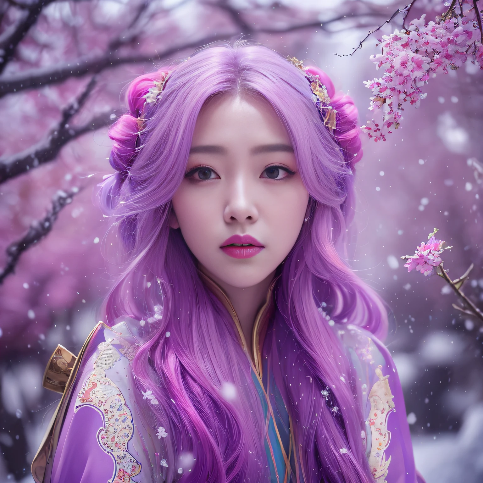 Snow hoop exclusion area 32K(tmasterpiece,k hd,hyper HD,32K)Long flowing purple-pink hair,Autumn Pond,zydink, a color, Tongzhou people (Girl with glowing eyes), (Thin silk scarf), Side squat position, looking at the ground, long whitr hair, Floating hair, Python headdress, Chinese long-sleeved clothing, (abstract ink splash:1.2), white backgrounid,Lotus protector(realisticlying:1.4),Purple-pink hair,Snowflakes fluttering,The background is pure, A high resolution, the detail, RAW photogr, Sharp Re, Nikon D850 Film Stock Photo by Jefferies Lee 4 Kodak Portra 400 Camera F1.6 shots, Rich colors, ultra-realistic vivid textures, Dramatic lighting, Unreal Engine Art Station Trend, cinestir 800,Long flowing purple-pink hair