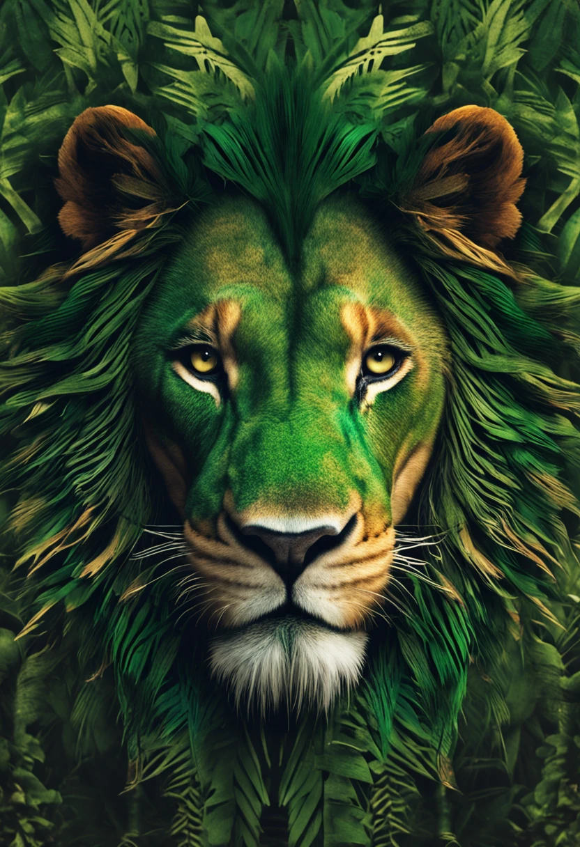 High nation-geographic symmetrical close-up portrait shoot in green jungle of an expressive lion, anamorphic lens, ultra-realistic, hyper-detailed, green-core, jungle-core –ar 16:9 –q 2 –v 5