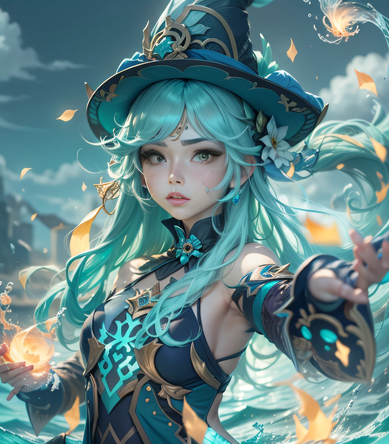 design de personagens, Water Wizard Girl, arte conceitual, estilo de impacto genshin, fundo liso cinza