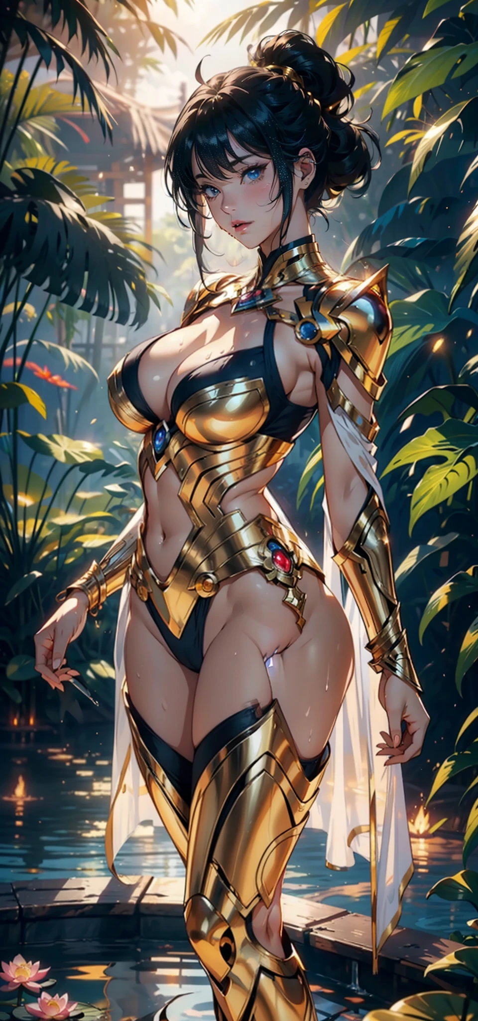 1female,35yo,huge tit,Low chest exposure, 独奏,(Background with:bamboo forrest,lotuses,lotus flower,exteriors,Lotus pond) She has short black hair,standing on your feet,Sweat profusely,drenched all over the body,seen from the front, hair straight, mostly cloudy sky,(((tmasterpiece),(Very detailed CG unity 8K wallpaper),best qualtiy,cinmatic lighting,detailed back ground,beatiful detailed eyes,Bright pupils,Black eyes,(Very fine and beautiful),(Beautiful and detailed eye description),ultra - detailed,tmasterpiece,)),facing at camera,A high resolution,ultra - detailed),revealing breasts,Bare genitalia, Bulge,legs are open,Raised sexy,Camel toes,Flushed complexion,Open-mouthed,frontage,Gold Saint Seiya,(Wearing:Transparent robe,Gold wire embroidery,Armour,Iron Man uniform,cyber punk style)