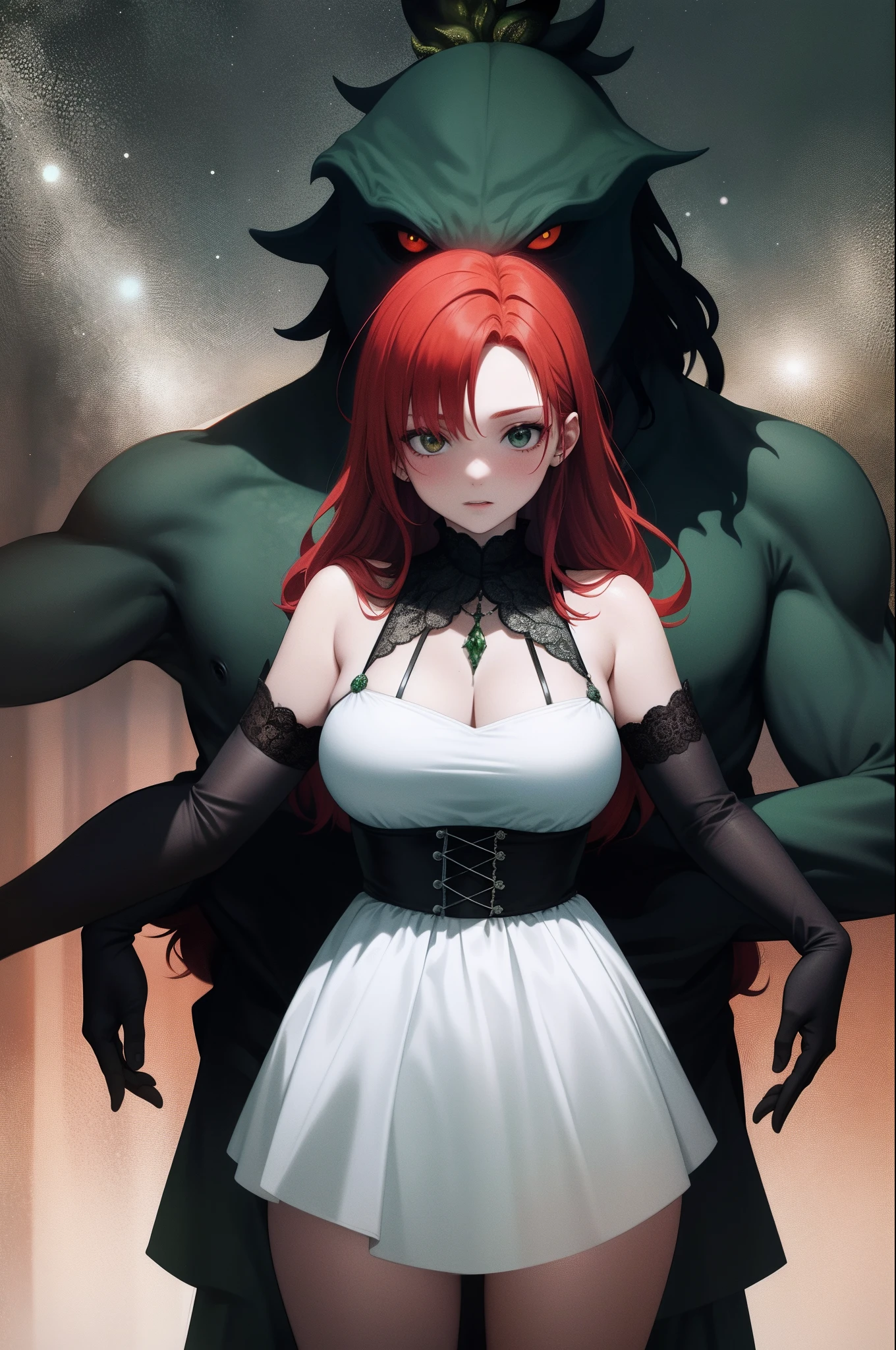 redhead woman , From behind, look at the darker and darker enchanted forest，The monster with green-spotted tentacles wrapped around the woman's upper and lower body，Peeing position，The eye looks at the center point of the lens，chaste，Wear white clothes，