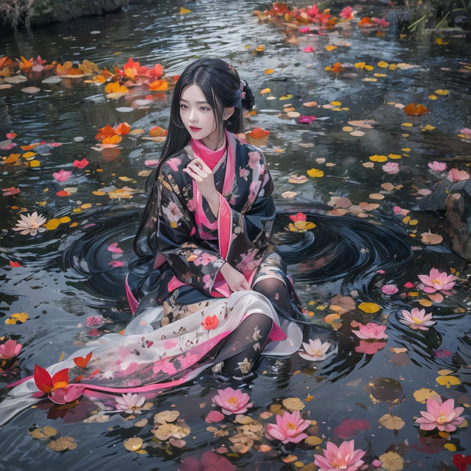 32K(tmasterpiece,K HD,hyper HD,32K)Long flowing black hair,Ponds,zydink, Farbe, Asian々 (Stupid girl), (Silk Scarf), battle posture, Looking at the ground, Long whit hair, Floating hair, Koi print headdress, Chinese long sleeve bright orange costume, (Abstract ink splash:1.2), Pink petals background,Pink and white lotus flowers fly(realisticlying:1.4),black colored hair,Falling leaves flutter,The background is pure, hight resolution, detaileds, RAW photogr, Sharp Re, 「Nikon D850 Film」Stock photo of Jeffries Lee 4 Kodak Portra 400 Camera F1.6 shots, Rich colors, Ultra-realistic vivid textures, Dramatic Lighting, Unreal Engine Art Station Trends, Synestil 800,Long flowing black hair