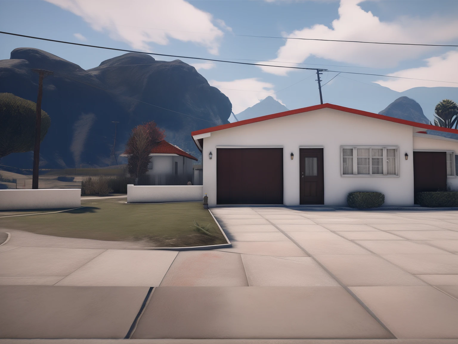 There is a white house with a red roof and a red roof, ((GTA 5 Casa Screenshot)), semi-realistic rendering, Renderizado no Lumion Pro, [ Fotorrealismo 4K ], altamente renderizado!!, Captura de tecido fotorrealista, renderizado em lumion, fully detailed render, renderizado em unreal engine 3d, realista estabelecendo tiro, [ Fotorrealismo 4K ]!!!