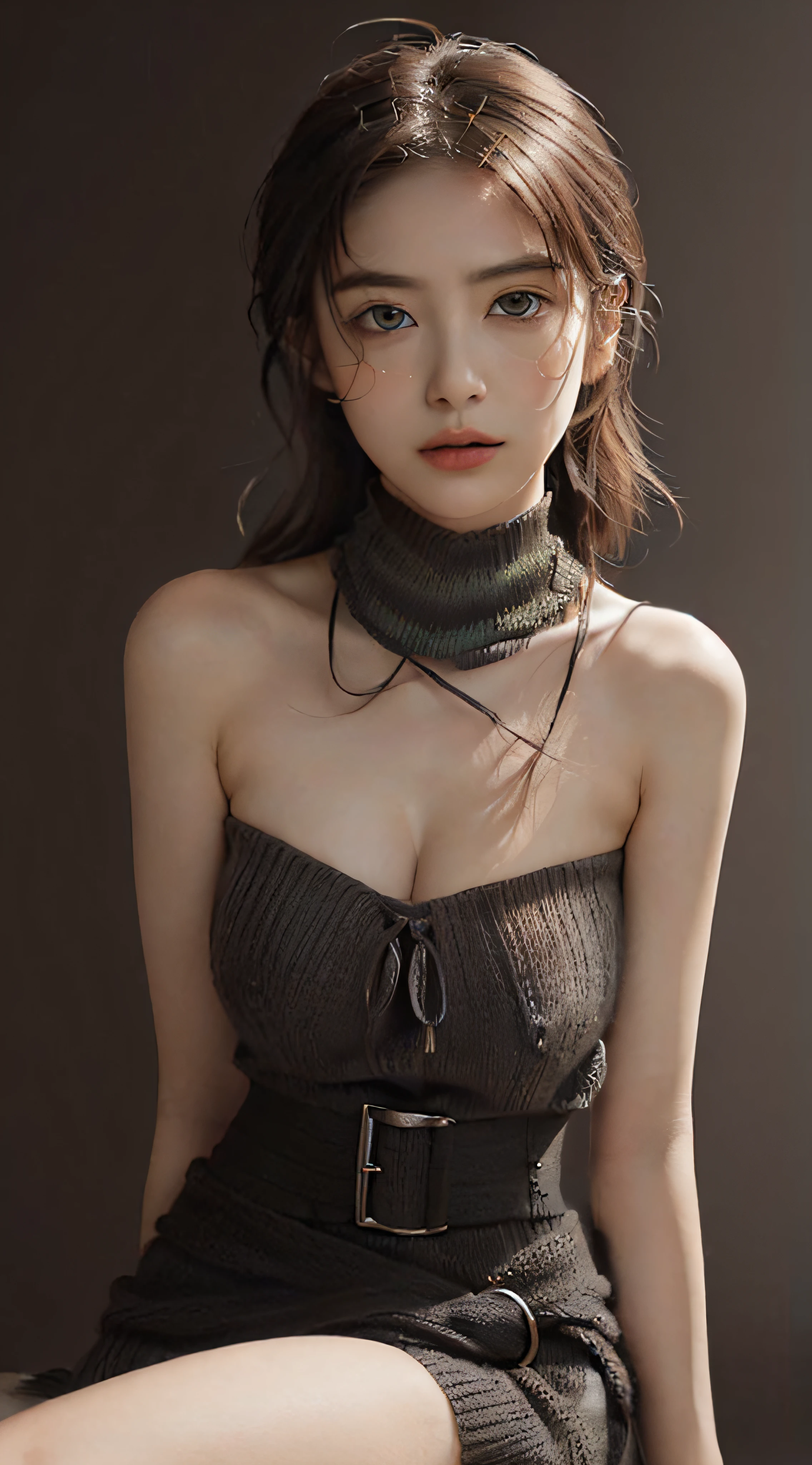 top-quality, Drawn details, (Put your face in, from waist up:2), masterpiece, 超A high resolution, (Realistic:1.4), Raw photo, (fair and clean skin:1.8), (Beautiful:1.5) (smaller head:1.3),(Small face:1.5), (with round face:1.7), (Beautiful fece, beautiful countenance:1.7), (big eye:1.5), cute little, (Brown Medium hair, Soft hair quality:1.8), (1人の女性, solo:1.5), (firm breasts, Huge breasts:2), (A slender:1.9), (thin waist, Thin arms, Thin leg, thin neck, thin shoulders:1.8), (sloped shoulder:1.5), (High neck knit, Black:2), (a choker, Black:1.5) BREAK (deep in the night:1.8), (Simple gradation Background:1.9), (Sitting:1.5), (Soft light:1.5), (flawless face:1.8)