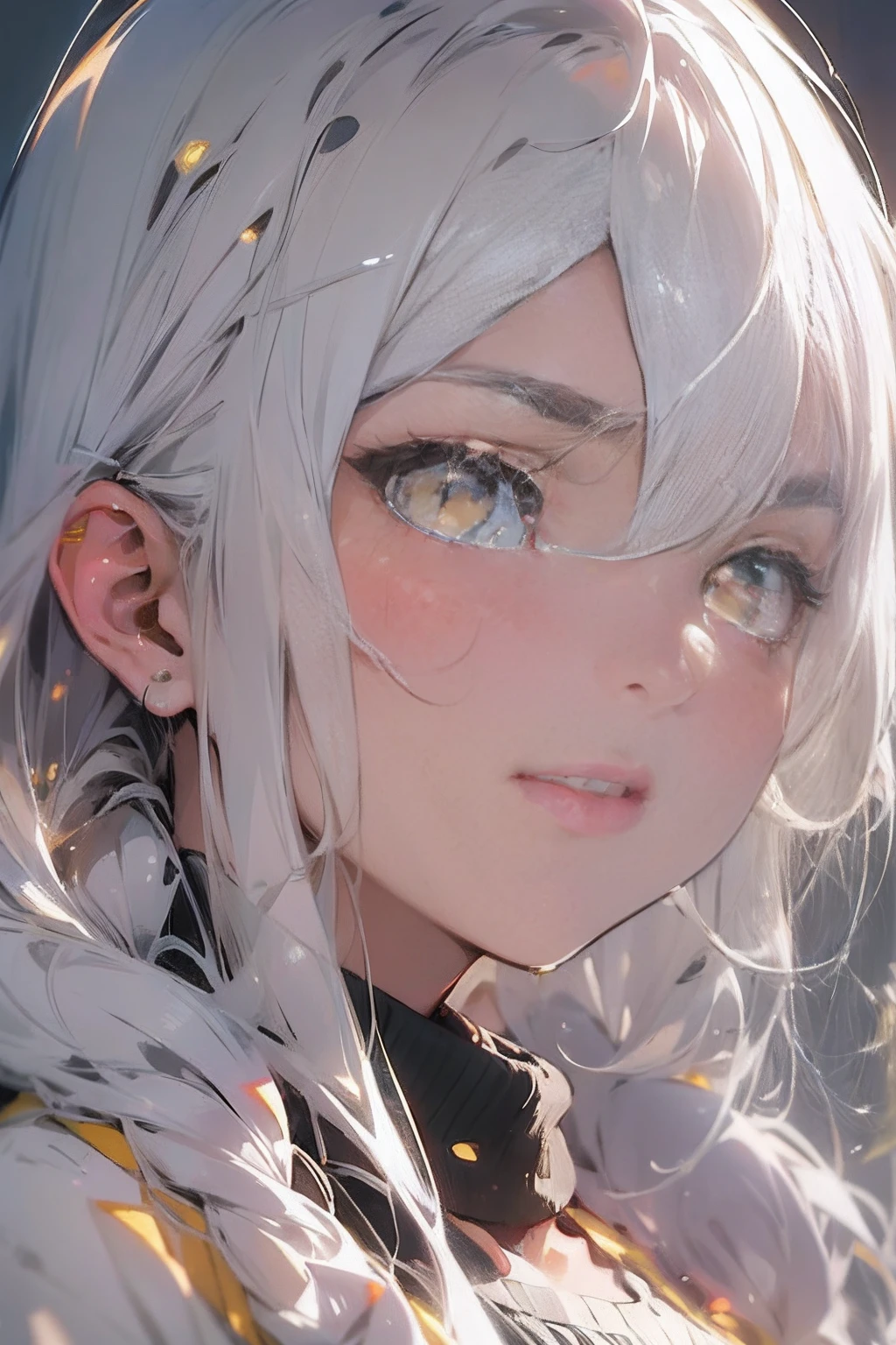 (masterpiece), (best quality), 8k resolution, 1girl, beautiful girl, stunning beauty, mature female, 30yo, white hair, glowing golden eyes, cool, portrait, minimalism, simple line, simple anime style