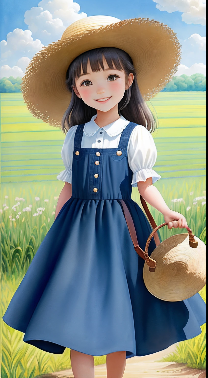 Little girl admiring the balls in the field，A big smile，Long skirt，Straw Hat Hat，WaterColor style，Cartoony，There is a wide variety of plants，Blue sky and white clouds