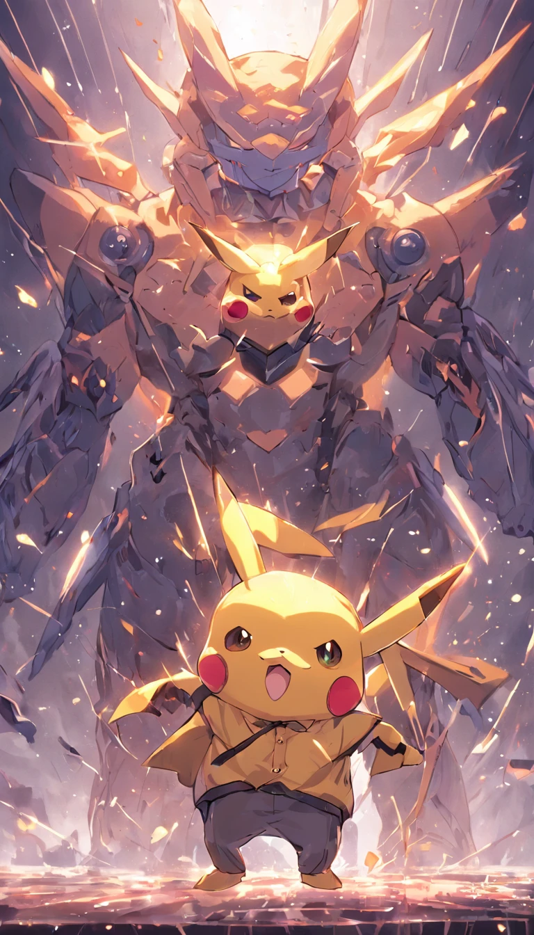 Create an image of a humanoid Pikachu , holding a gun, Make him an adult, Suit shirt