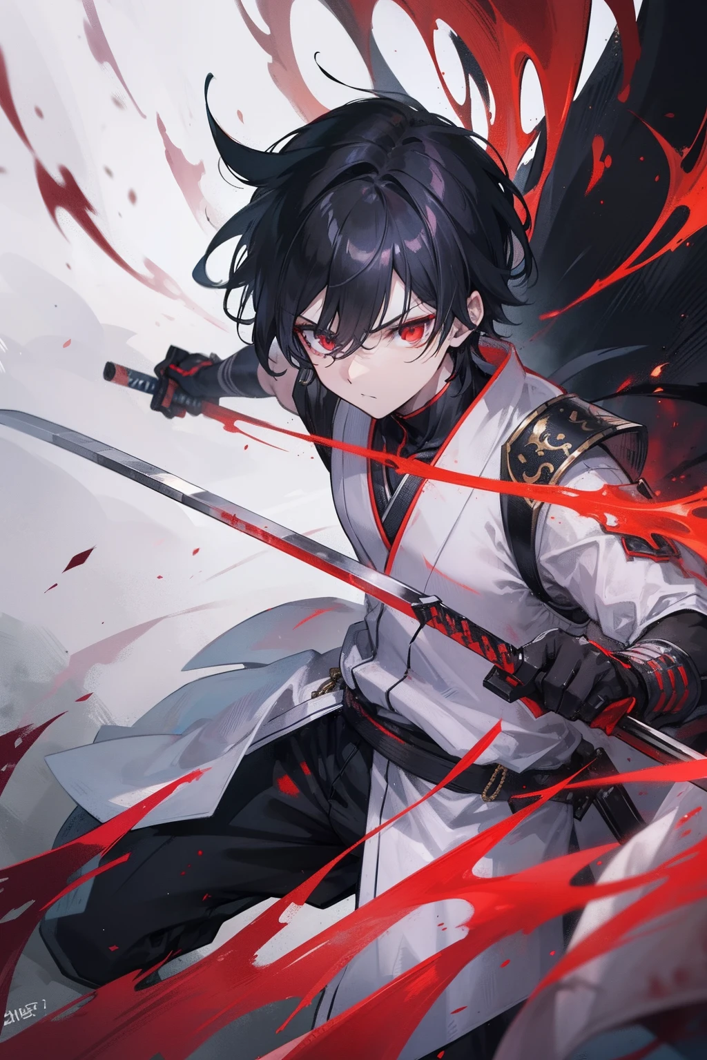2boys，cabelos preto e longos，Red-eyed age man，Stand on an empty street at night，extreme hight detail，White jacket，Black Hakama，Aoba Ori，Holding a huge blood-colored weapon in one hand，A Japanese style，Intimidating，Engulfed in flames、Sword，wall-paper，CG compositing，Japan best swordsman、action、Glowing eerily with lightning、worn-out