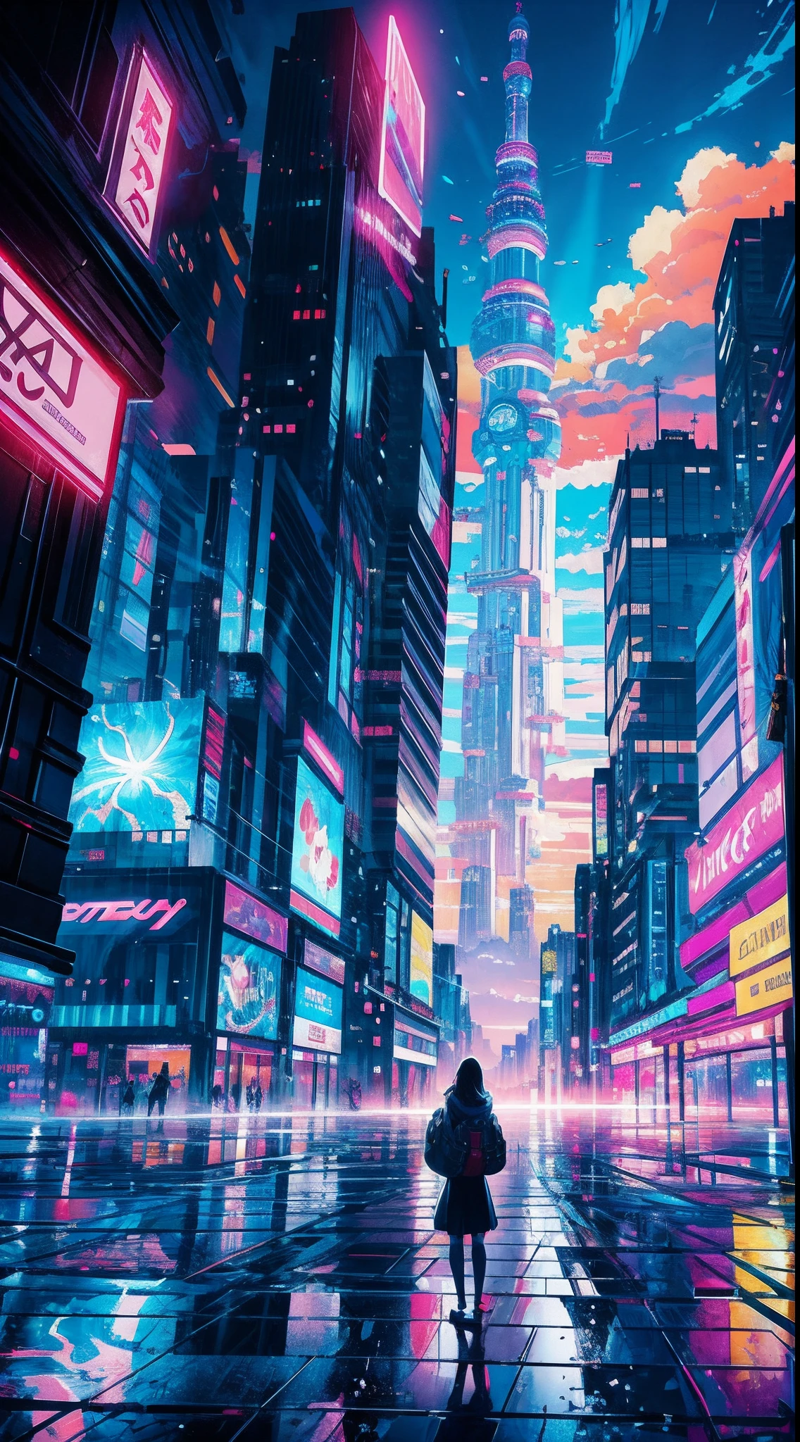 Anime girl standing in big city looking at rainbow sky,Near Future City、 makoto shinkai cyril rolando, anime art wallpaper 4k, anime art wallpaper 4k, Anime art wallpaper 8k, inspired by Cyril Rolando, in the style dan mumford artwork, amazing wallpapers, by Yuumei