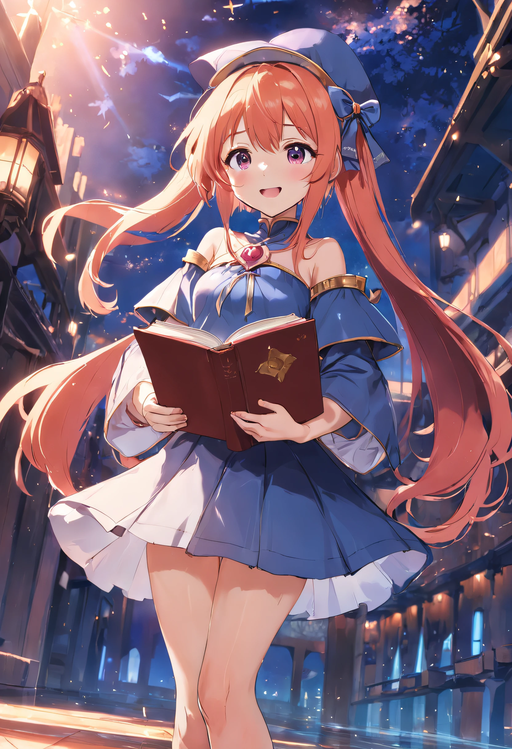 Lilina Fe, 1girl in, Solo, Smile, Skirt, hat, Dress, Holding, Jewelry, pantyhose, shairband, skyporn, Bracelet, Boken, Capelet, holding book