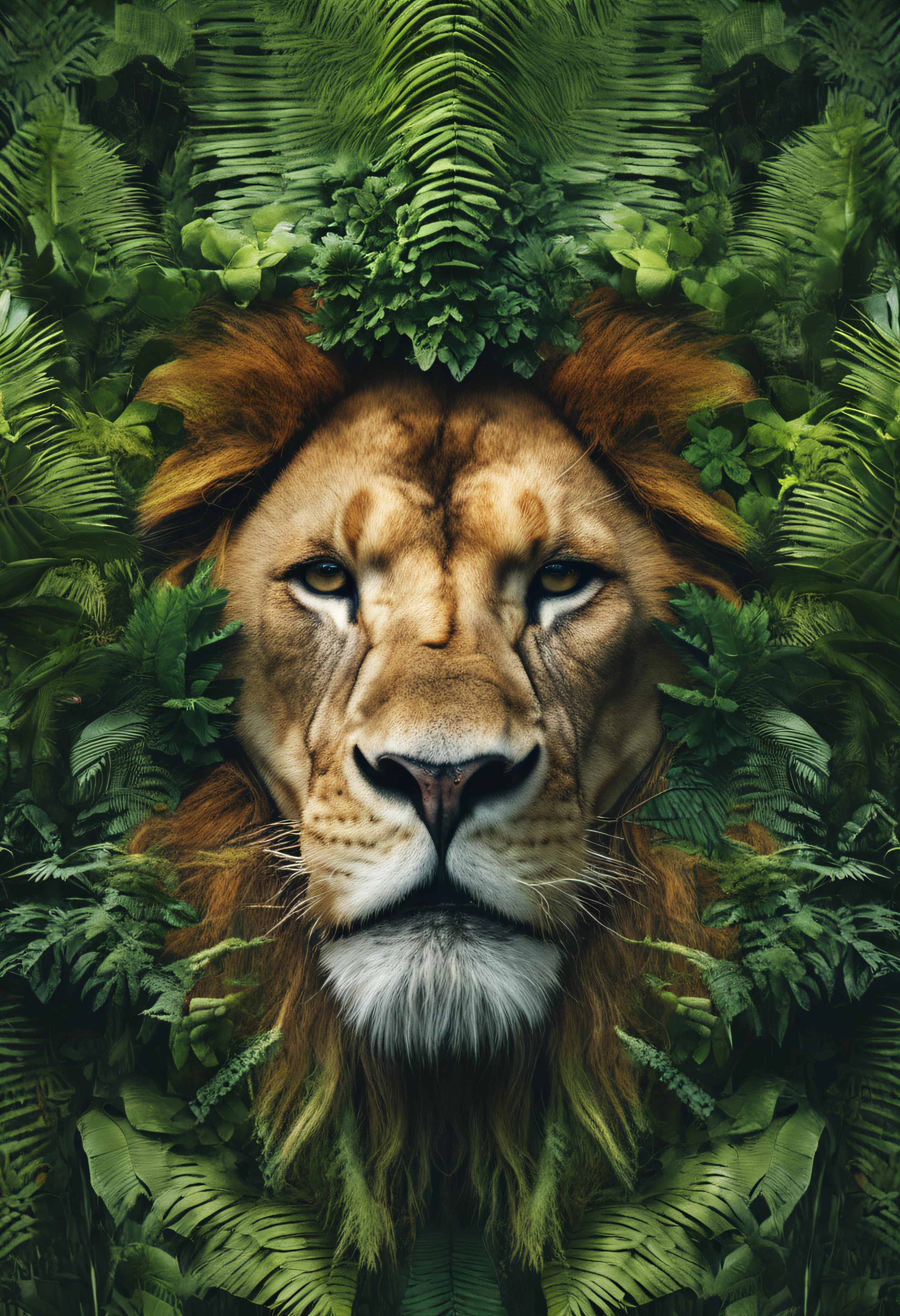 High nation-geographic symmetrical close-up portrait shoot in green jungle of an expressive lion, anamorphic lens, ultra-realistic, hyper-detailed, green-core, jungle-core –ar 16:9 –q 2 –v 5
